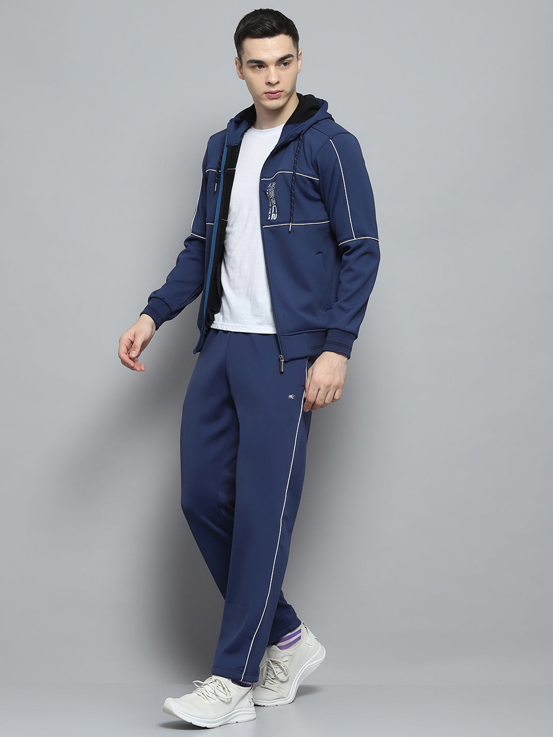 Men Blue Printed Hooded Full Sleeve Winter Tracksuit