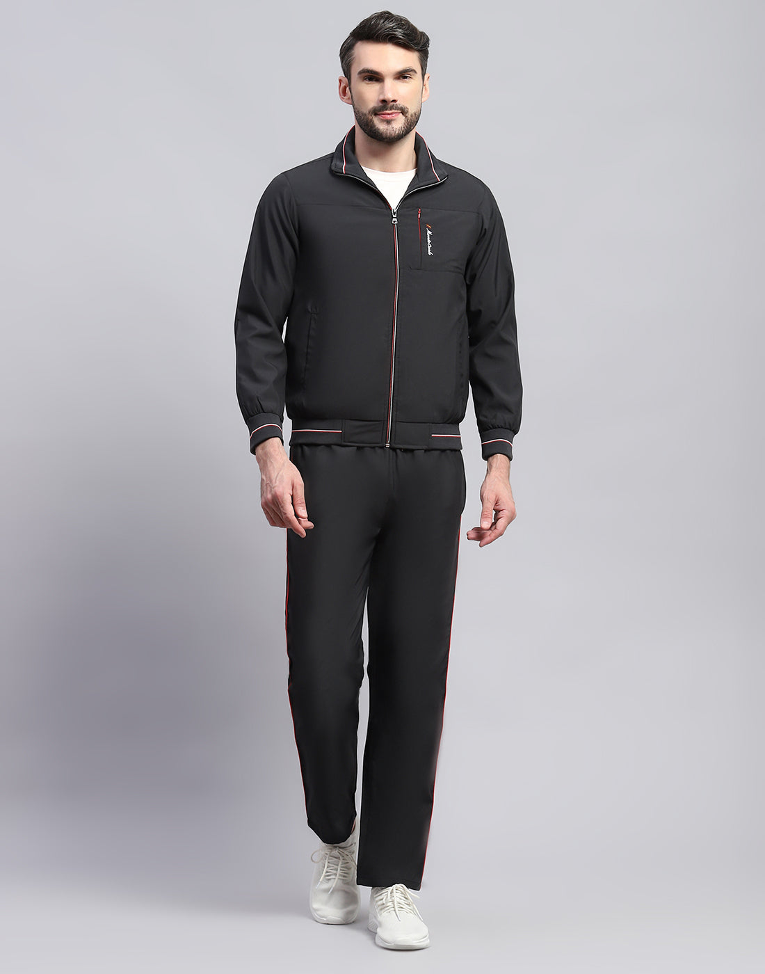 Men Black Solid Band Collar Full Sleeve Winter Tracksuit