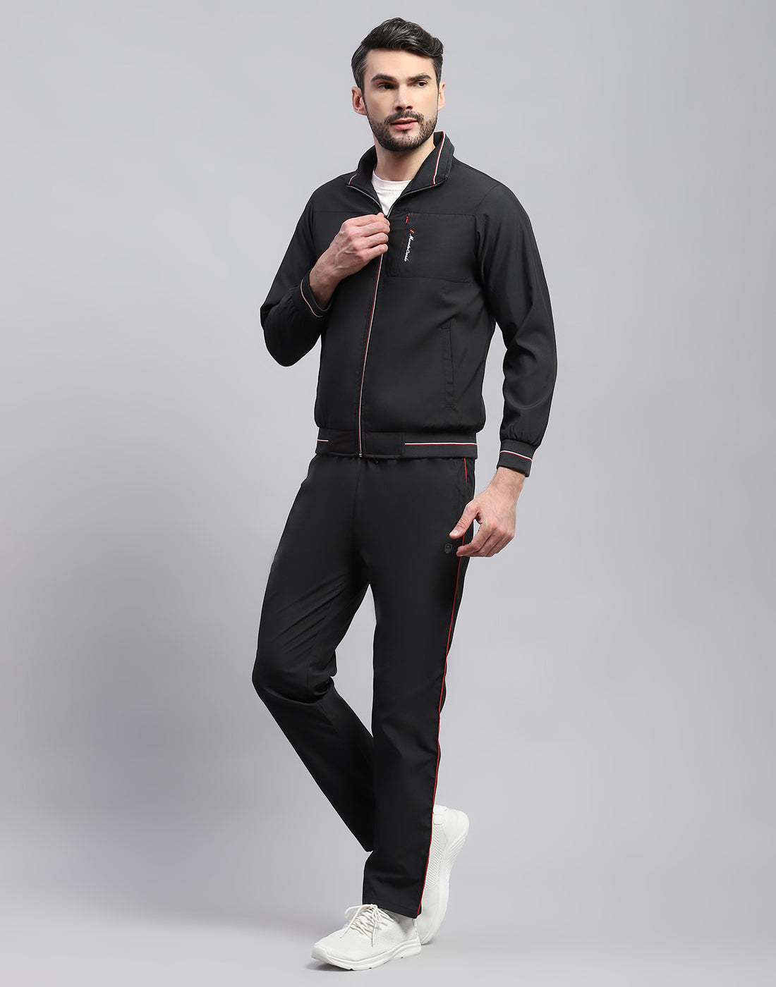 Men Black Solid Band Collar Full Sleeve Winter Tracksuit