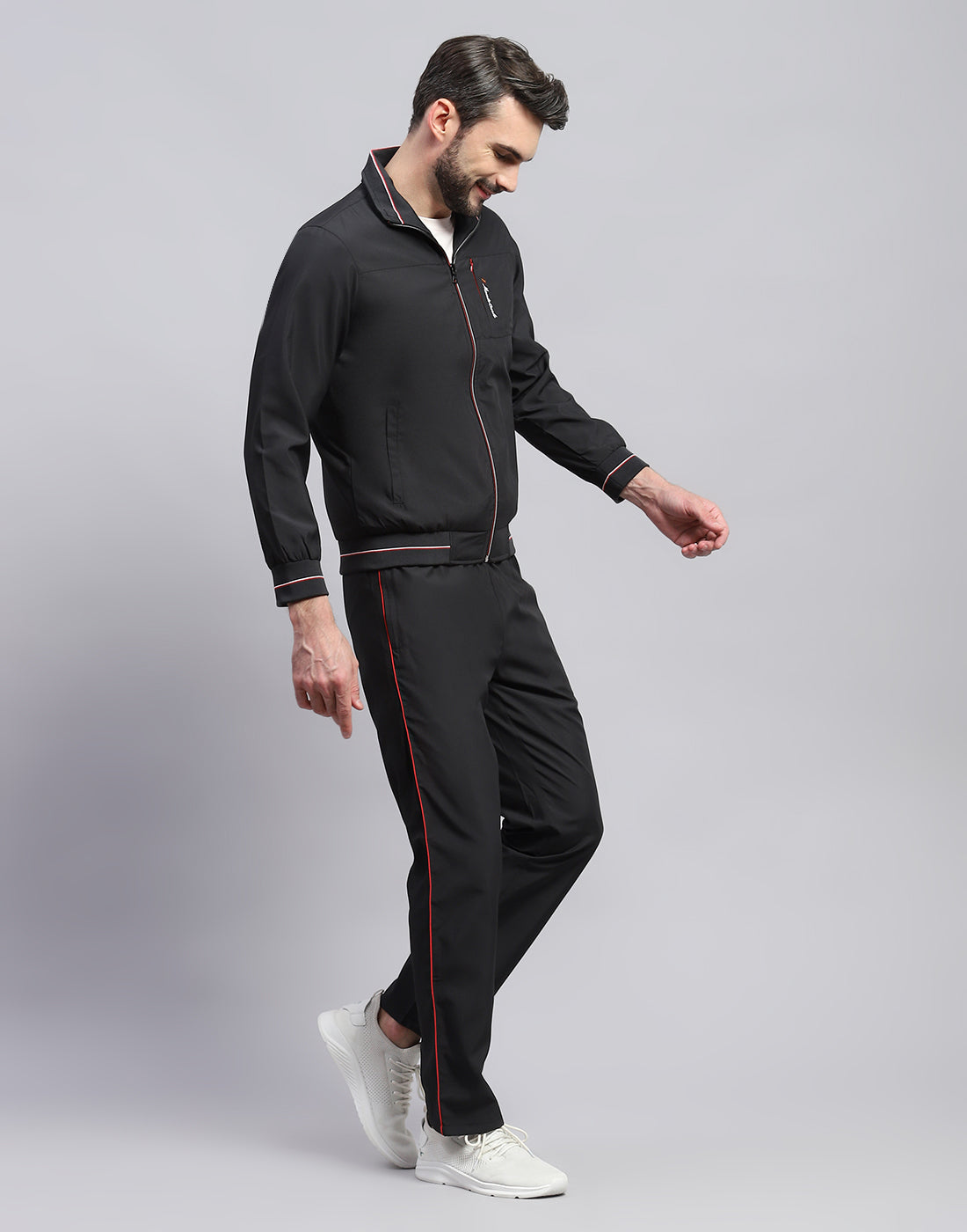 Men Black Solid Band Collar Full Sleeve Winter Tracksuit