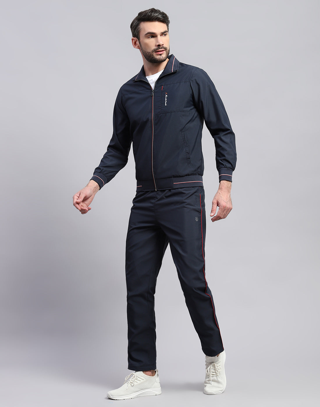 Men Navy Blue Solid Band Collar Full Sleeve Winter Tracksuit