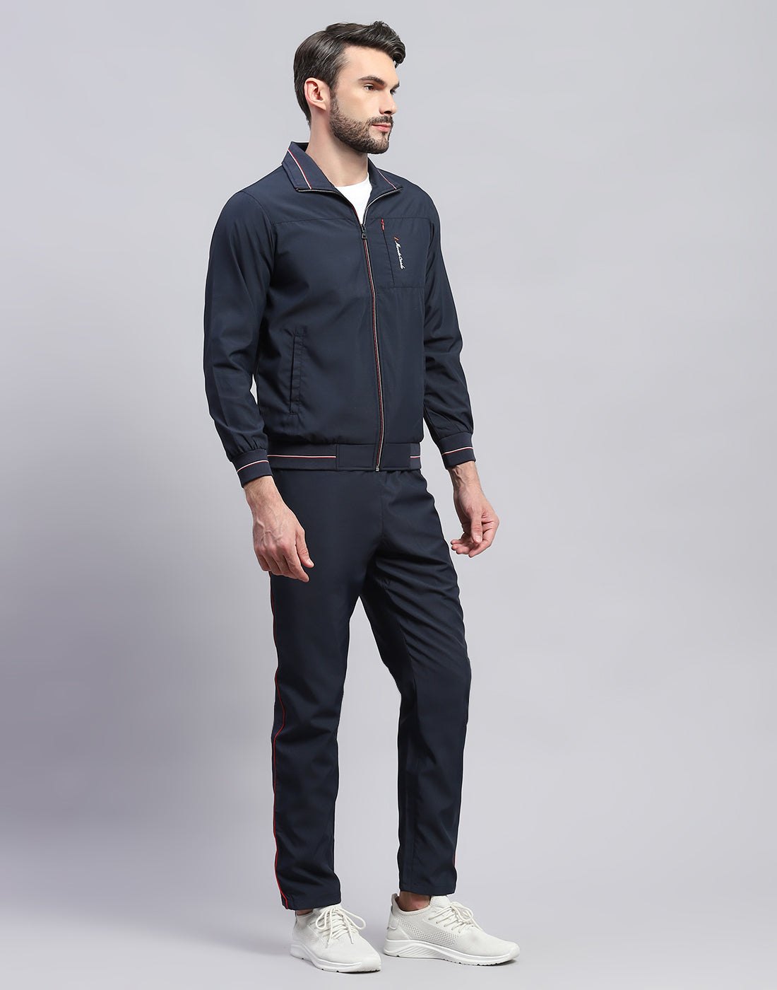 Men Navy Blue Solid Band Collar Full Sleeve Winter Tracksuit