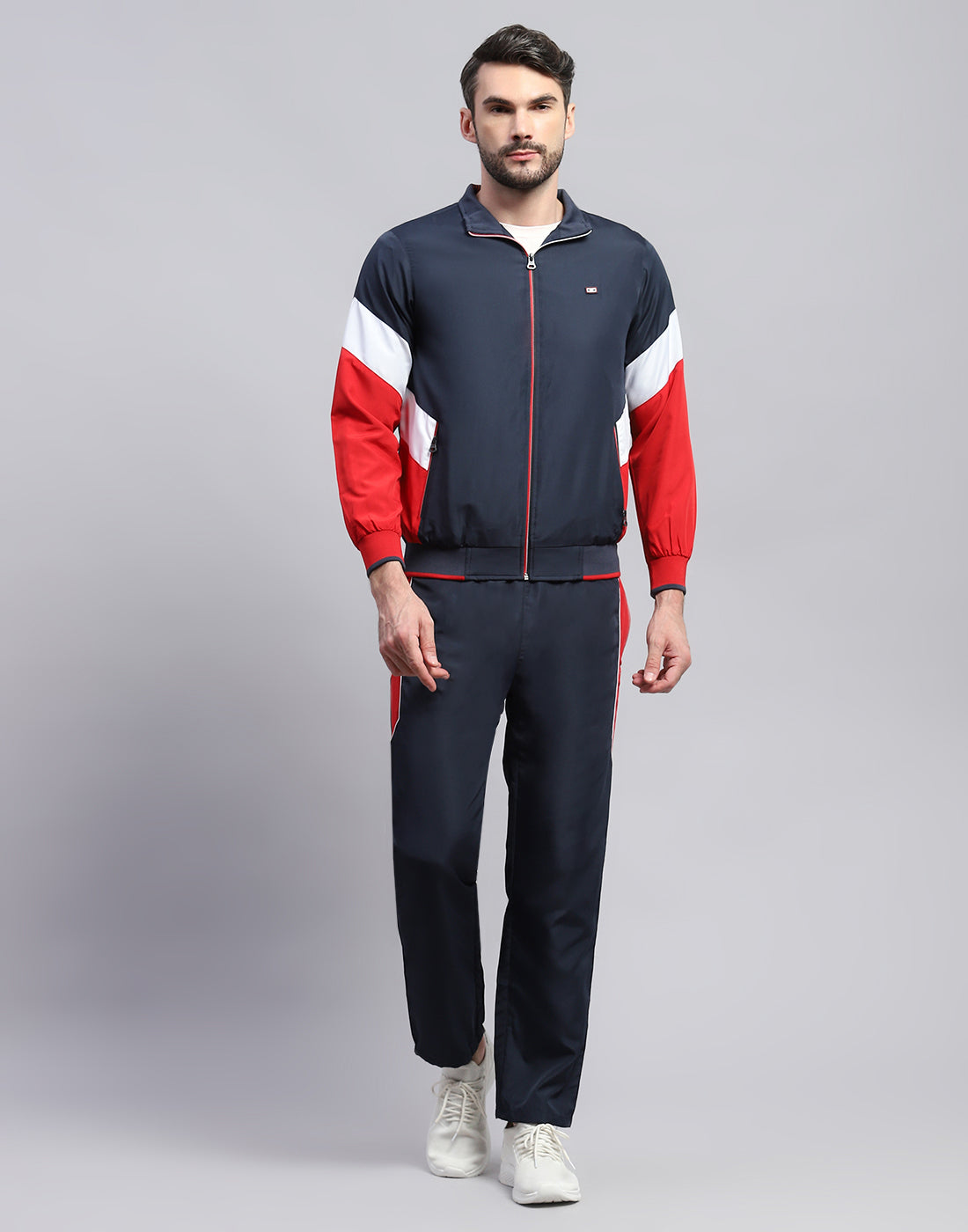 Men Navy Blue Solid Band Collar Full Sleeve Winter Tracksuit