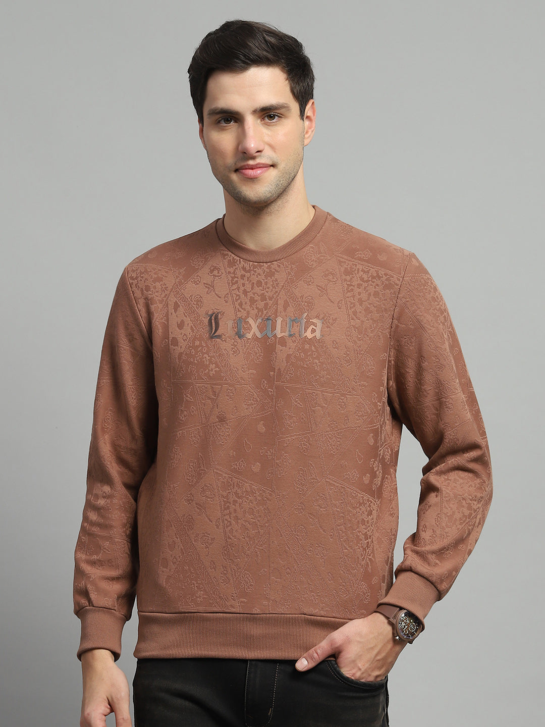 Men Brown Printed Round Neck Full Sleeve Sweatshirt