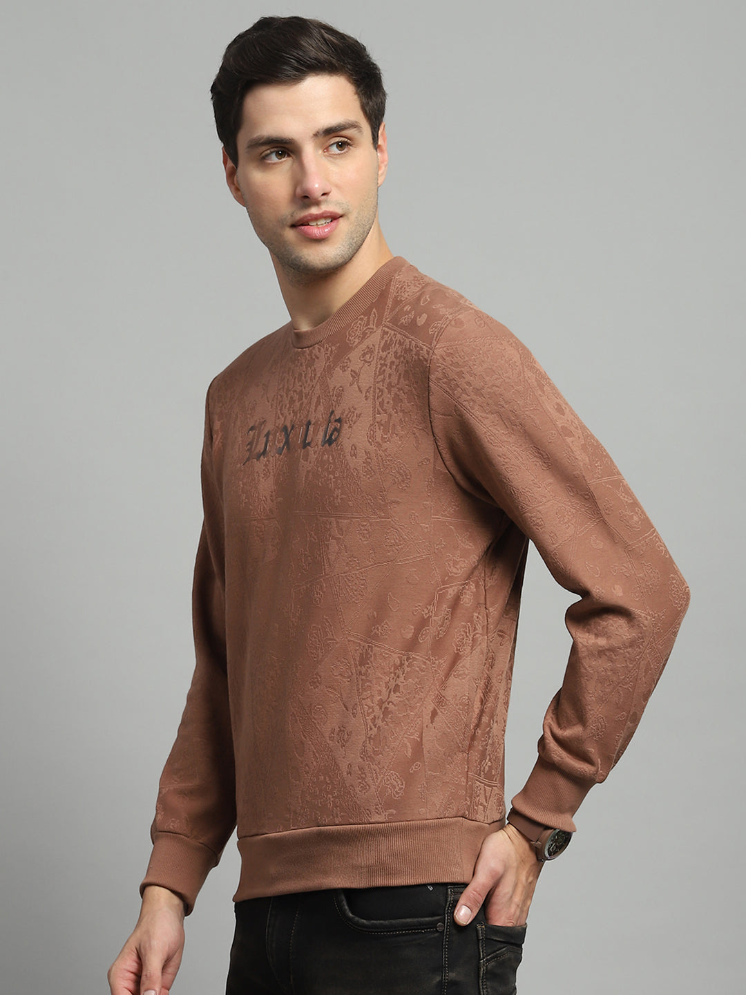 Men Brown Printed Round Neck Full Sleeve Sweatshirt