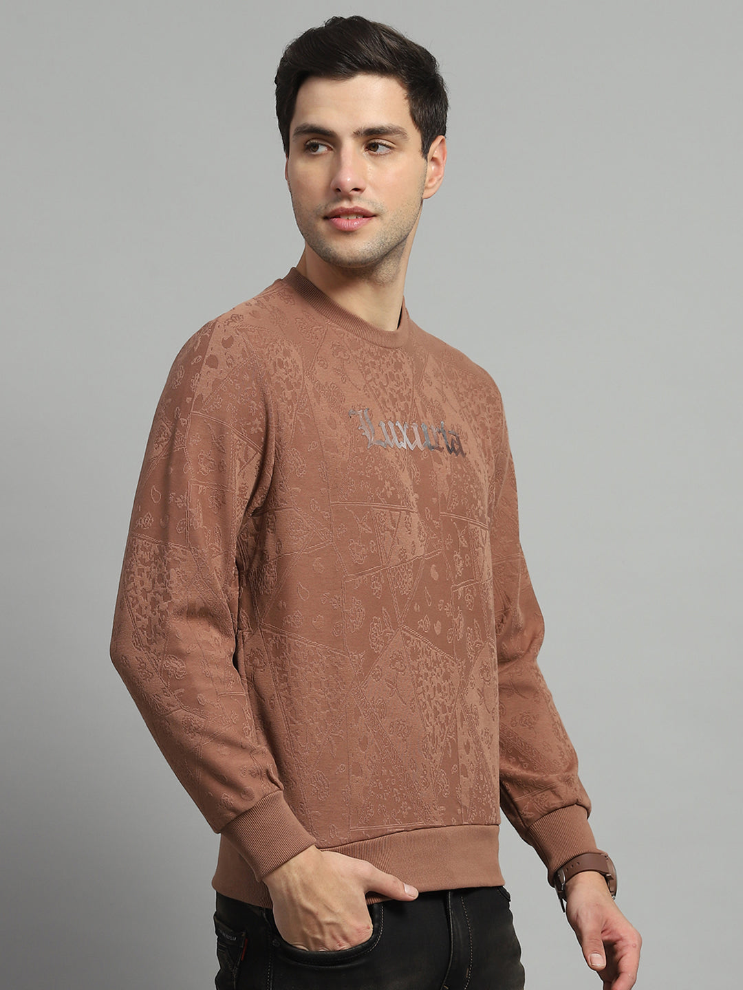 Men Brown Printed Round Neck Full Sleeve Sweatshirt