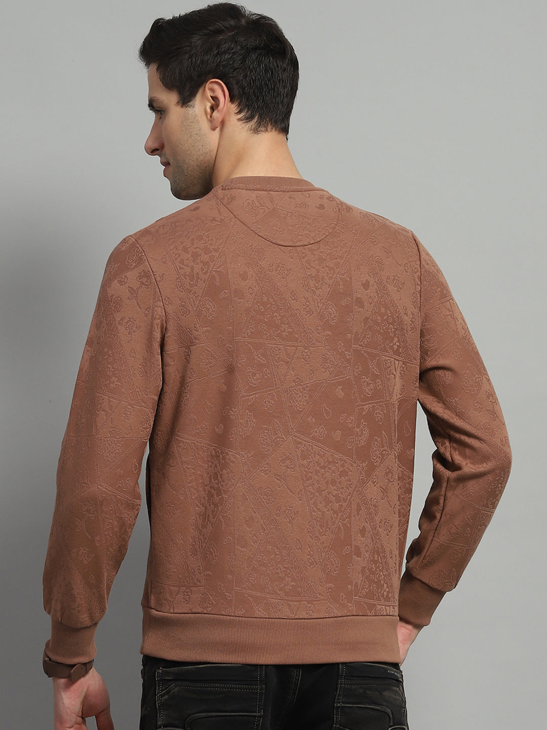 Men Brown Printed Round Neck Full Sleeve Sweatshirt