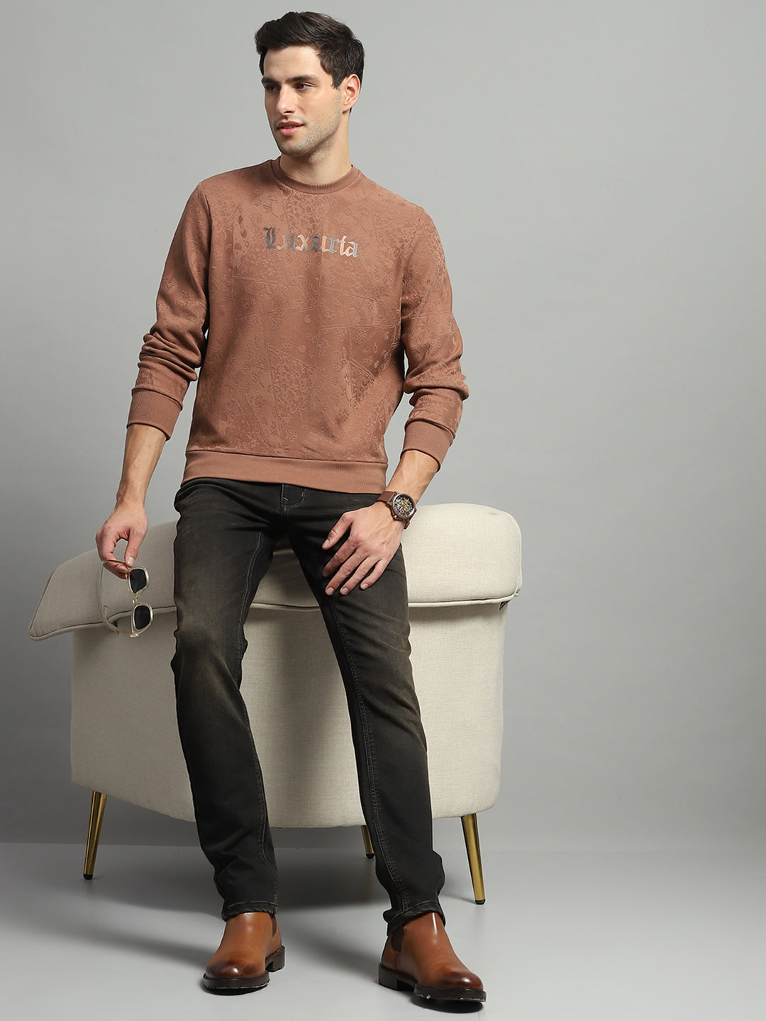 Men Brown Printed Round Neck Full Sleeve Sweatshirt