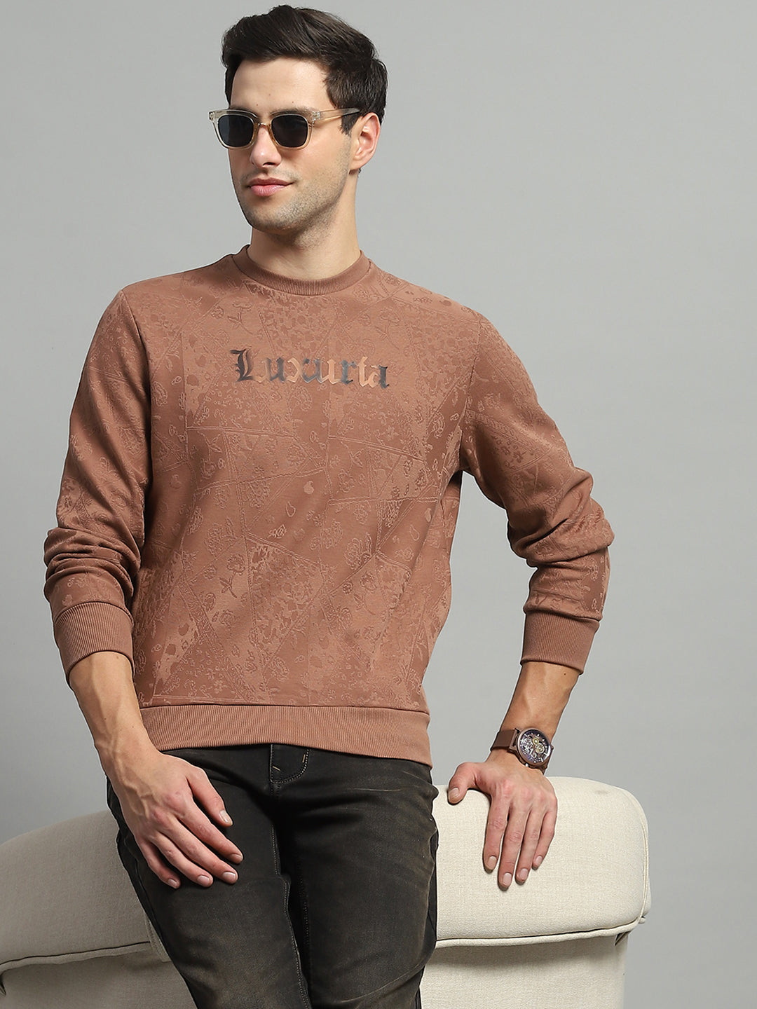 Men Brown Printed Round Neck Full Sleeve Sweatshirt