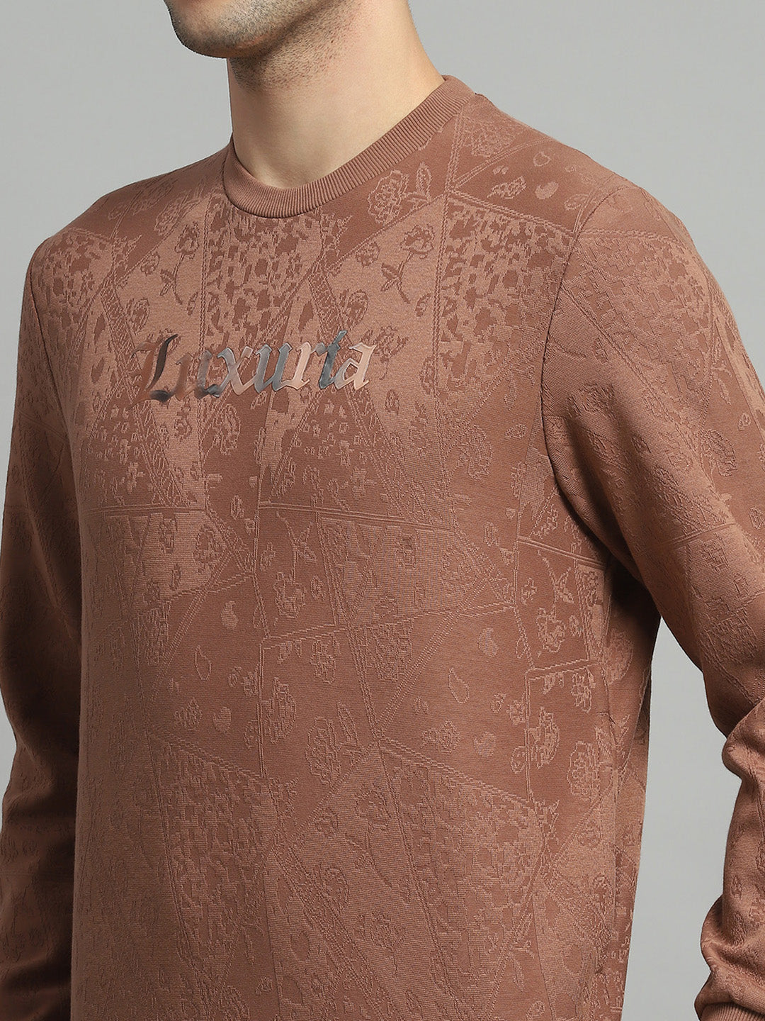 Men Brown Printed Round Neck Full Sleeve Sweatshirt