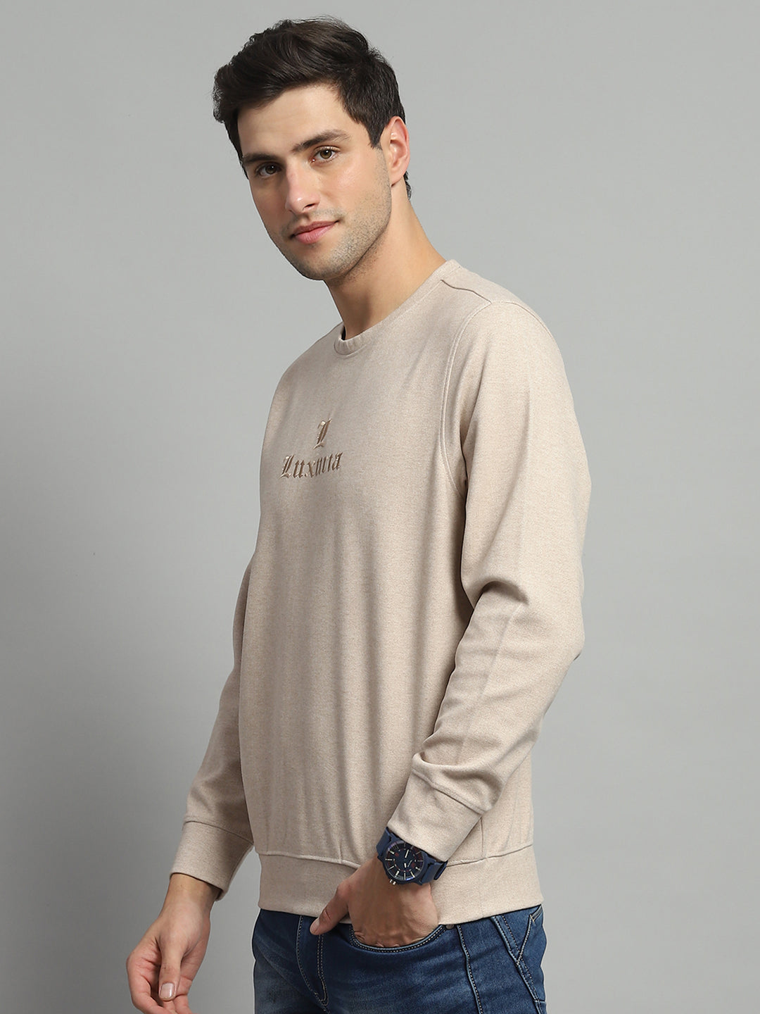 Men Beige Self Design Round Neck Full Sleeve Sweatshirt