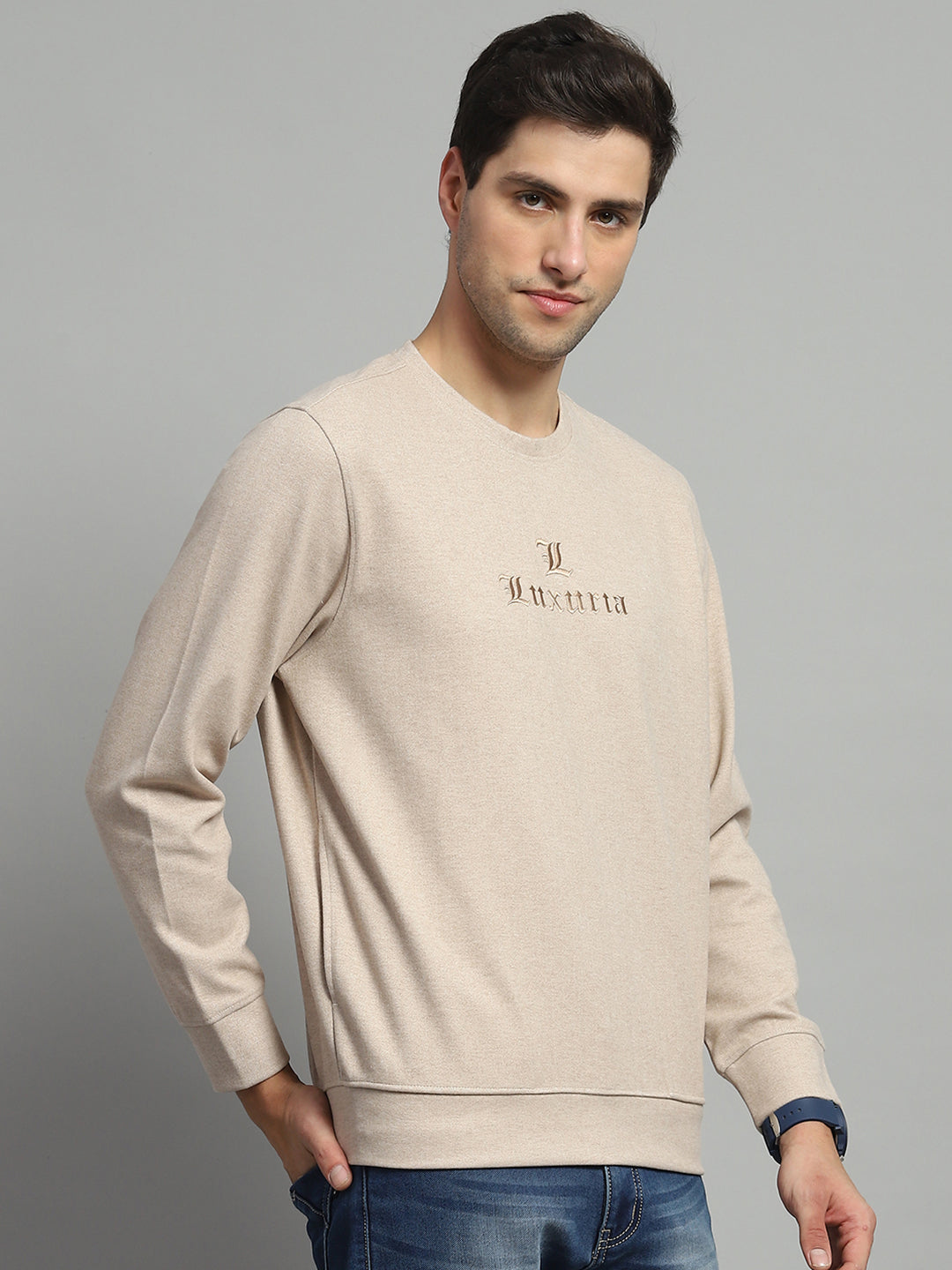 Men Beige Self Design Round Neck Full Sleeve Sweatshirt