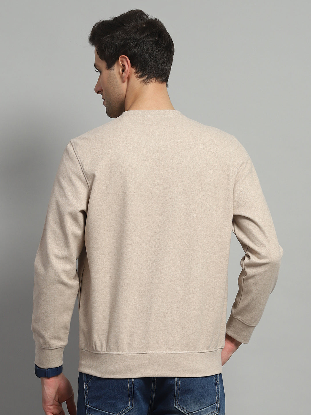 Men Beige Self Design Round Neck Full Sleeve Sweatshirt