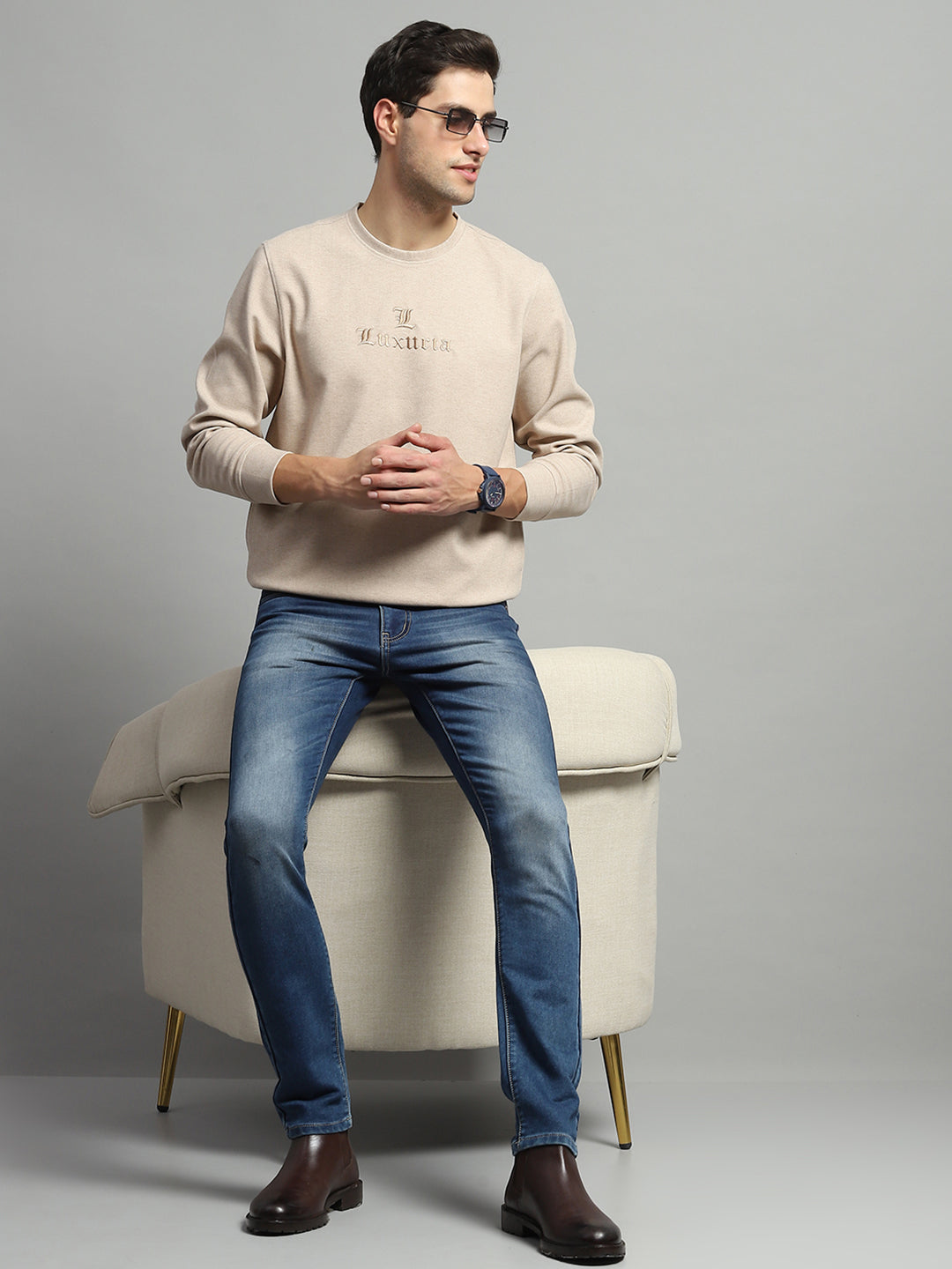 Men Beige Self Design Round Neck Full Sleeve Sweatshirt