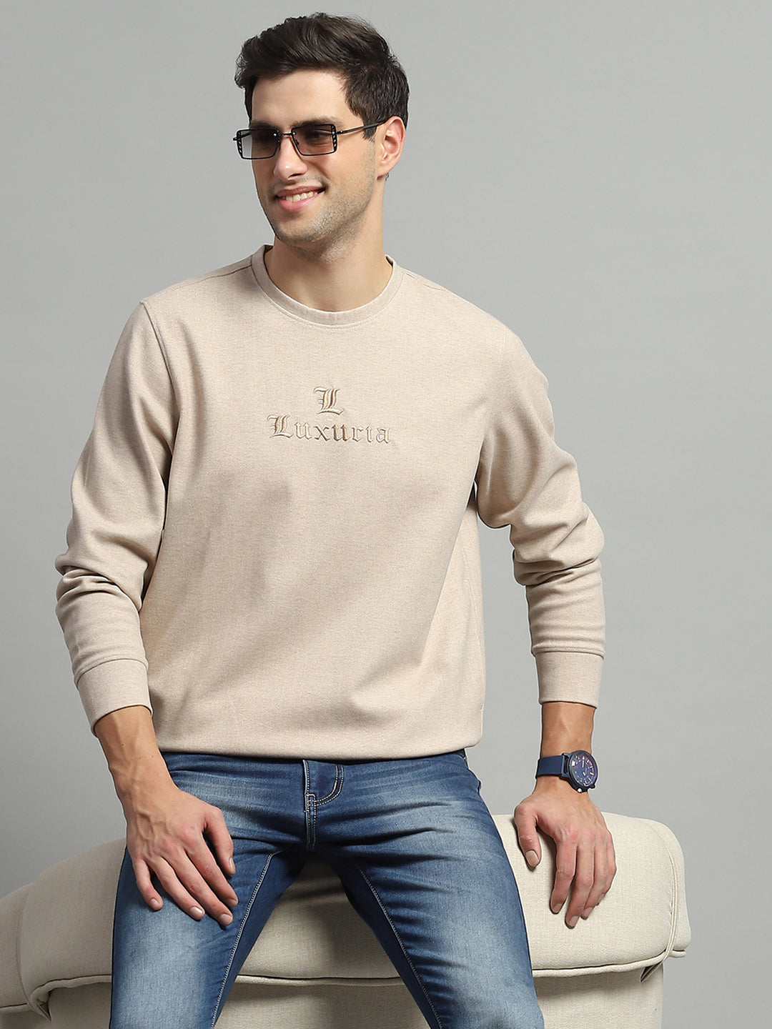 Men Beige Self Design Round Neck Full Sleeve Sweatshirt