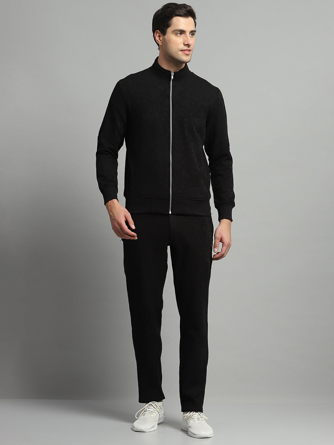 Men Black Self Design Mock Neck Full Sleeve Winter Tracksuit