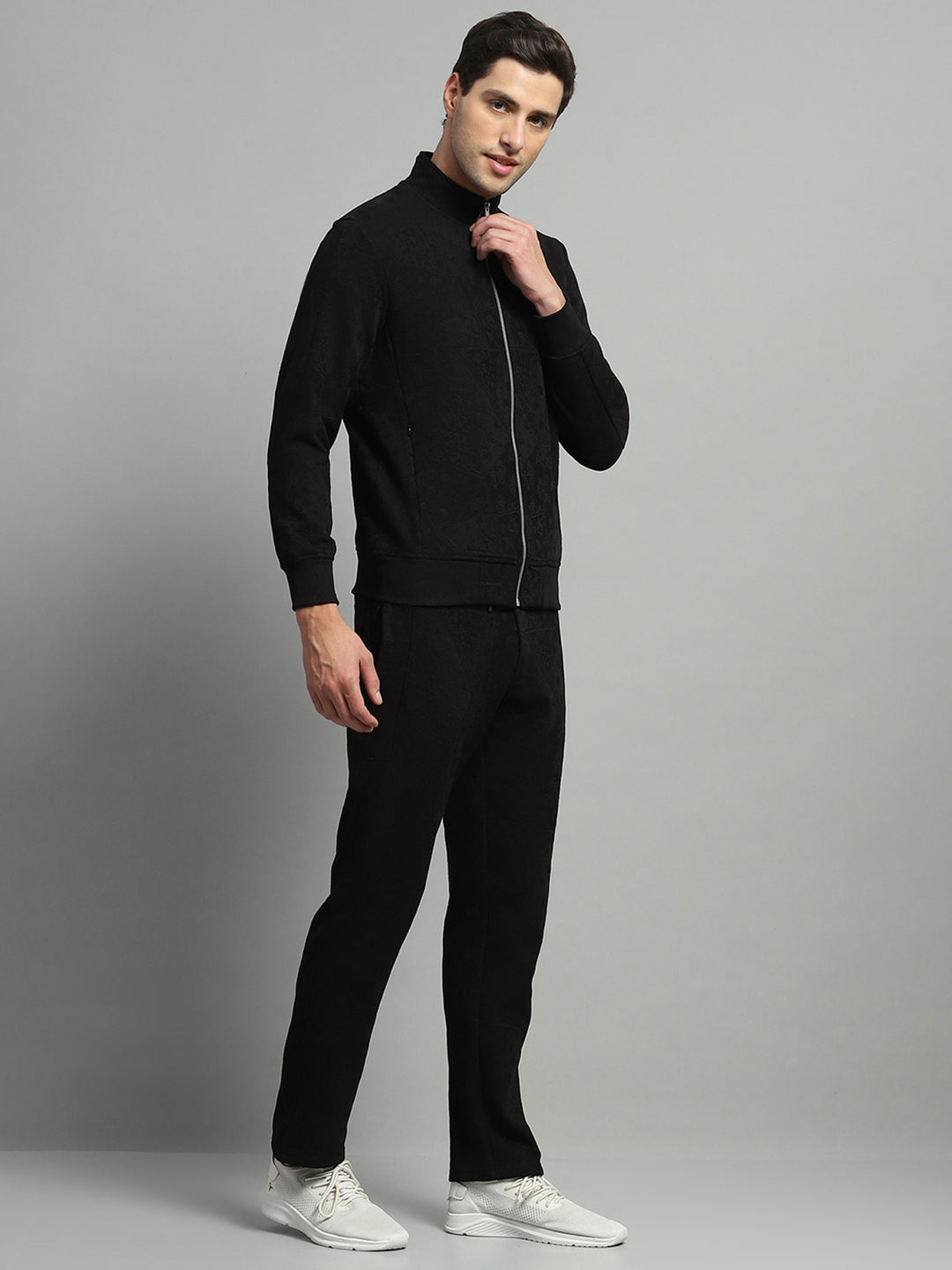 Men Black Self Design Mock Neck Full Sleeve Winter Tracksuit