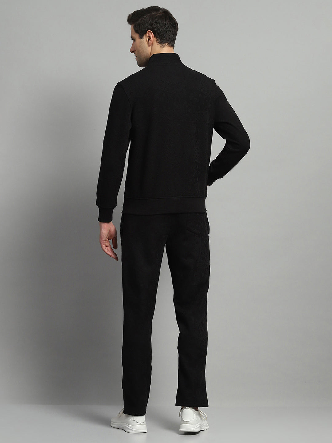 Men Black Self Design Mock Neck Full Sleeve Winter Tracksuit