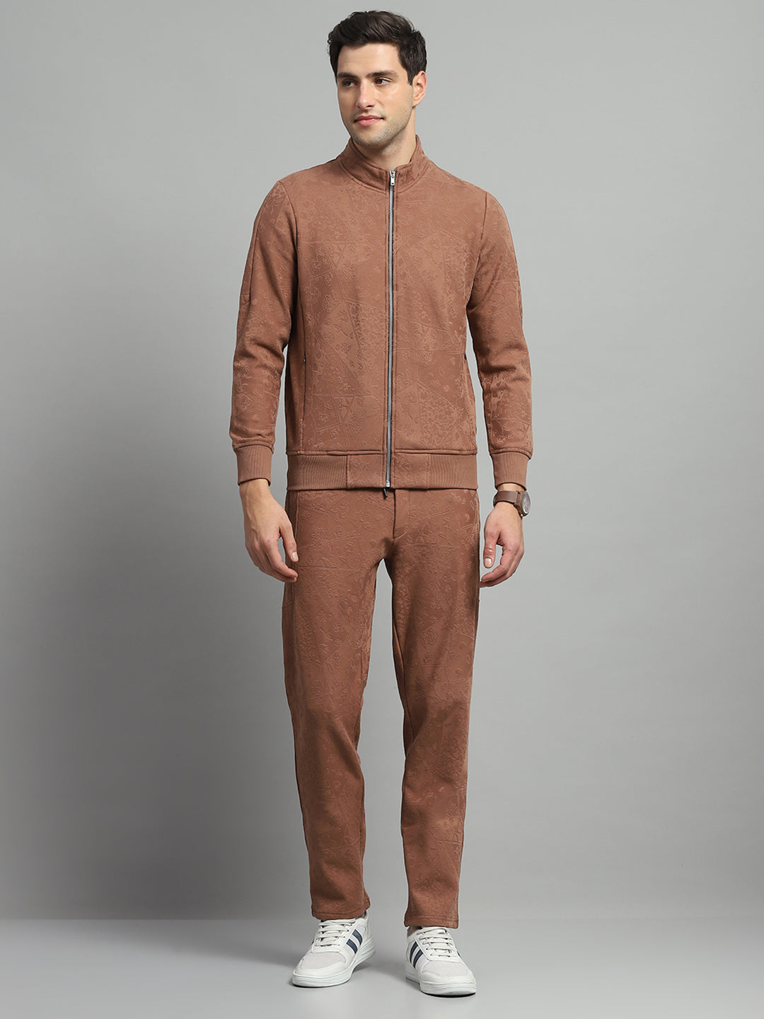 Men Brown Self Design Mock Neck Full Sleeve Winter Tracksuit