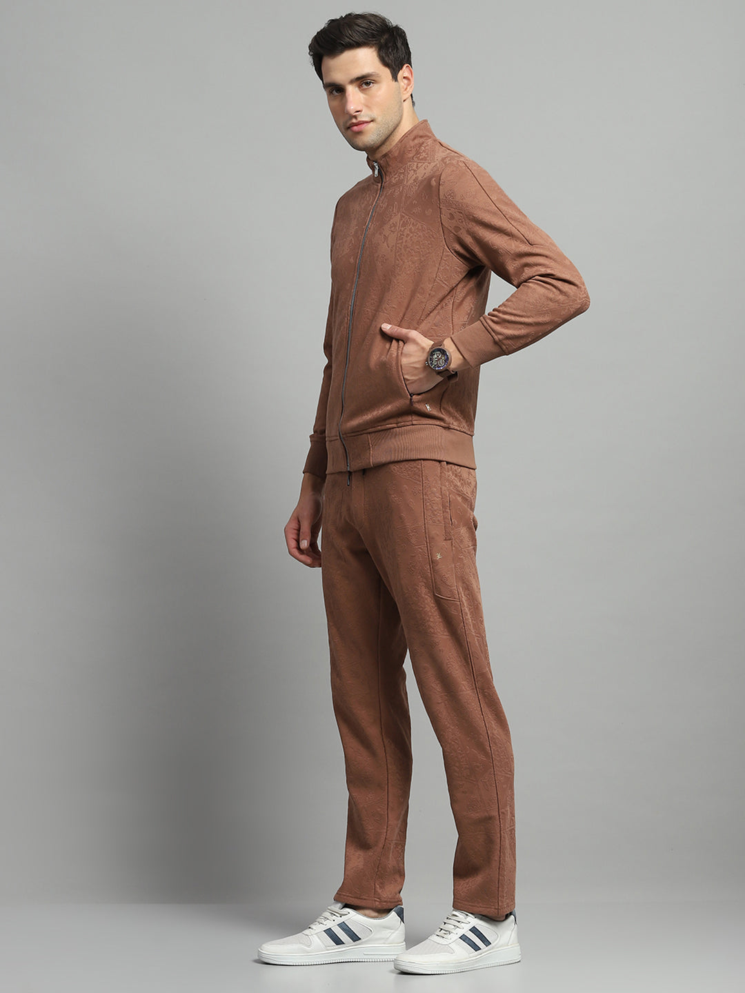 Men Brown Self Design Mock Neck Full Sleeve Winter Tracksuit