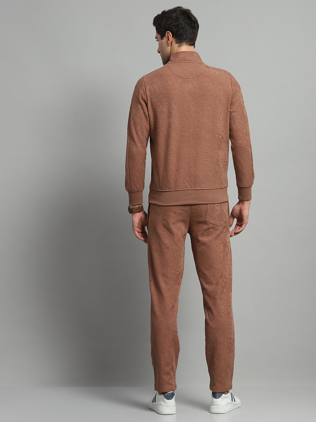 Men Brown Self Design Mock Neck Full Sleeve Winter Tracksuit