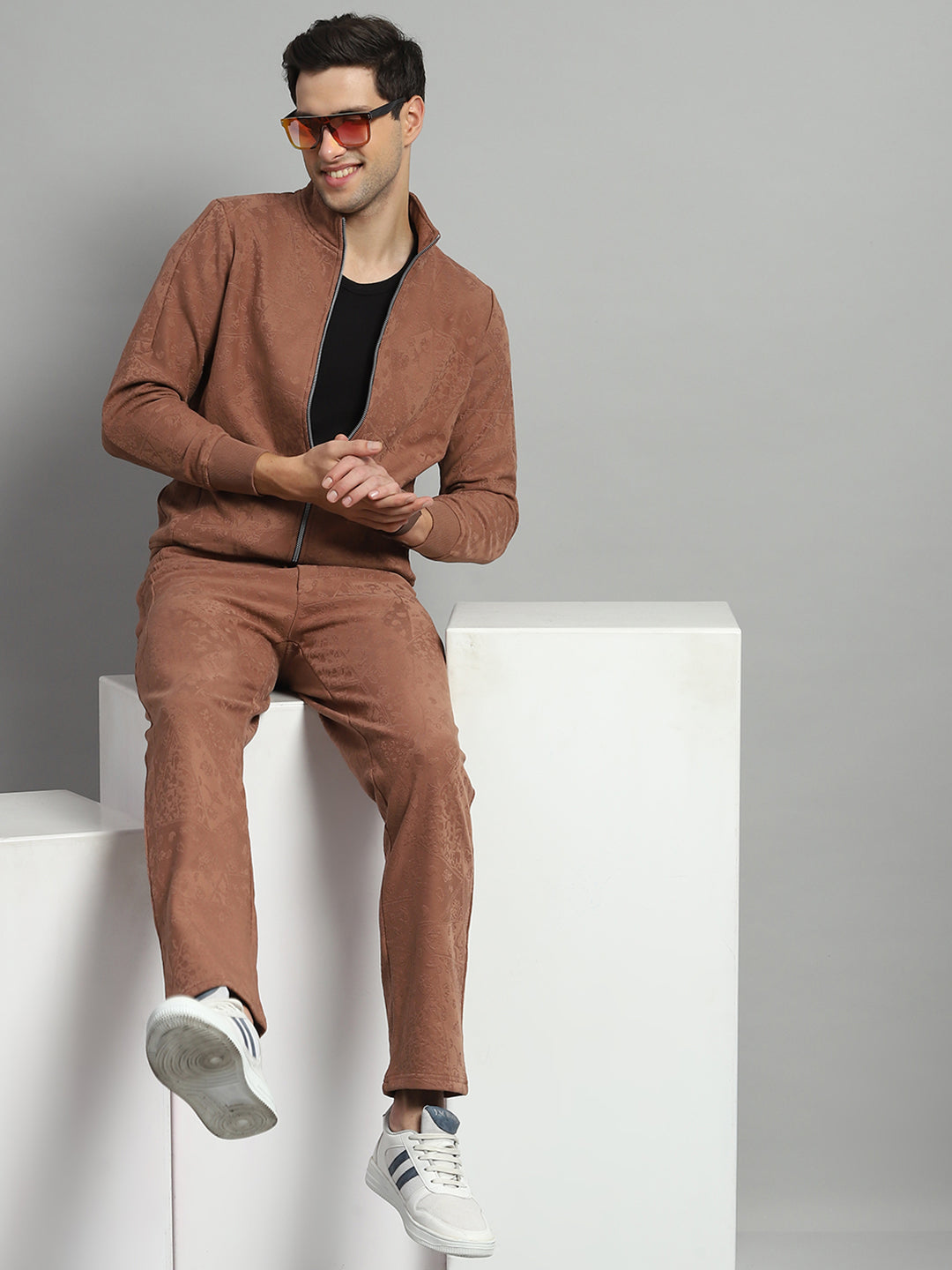 Men Brown Self Design Mock Neck Full Sleeve Winter Tracksuit