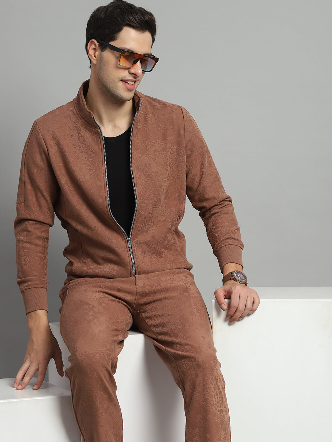 Men Brown Self Design Mock Neck Full Sleeve Winter Tracksuit