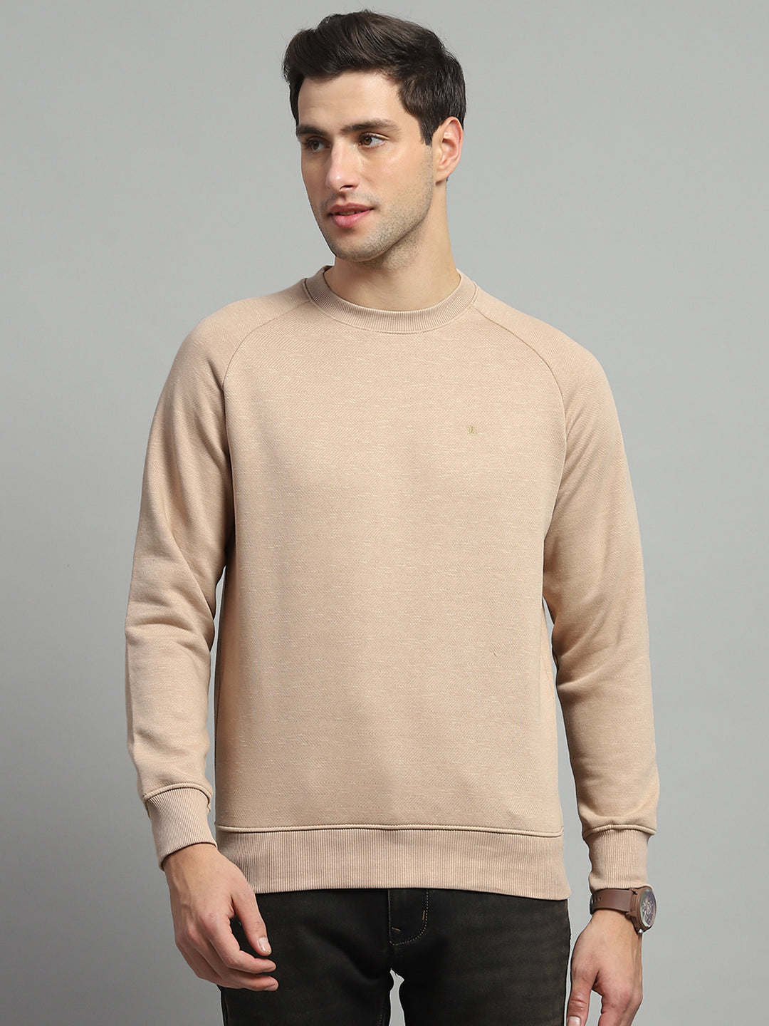 Men Camel Brown Solid Round Neck Full Sleeve Sweatshirt