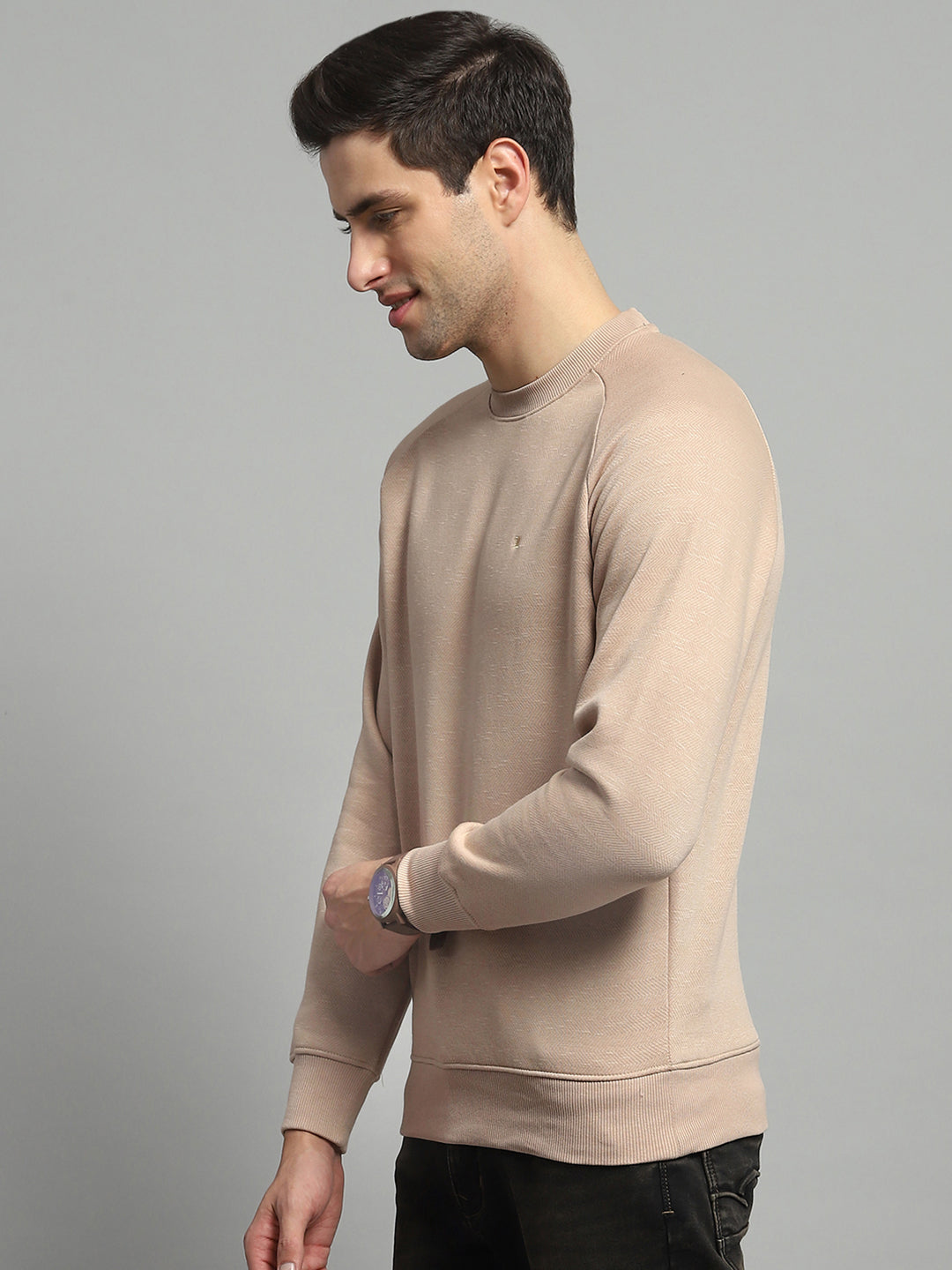 Men Camel Brown Solid Round Neck Full Sleeve Sweatshirt