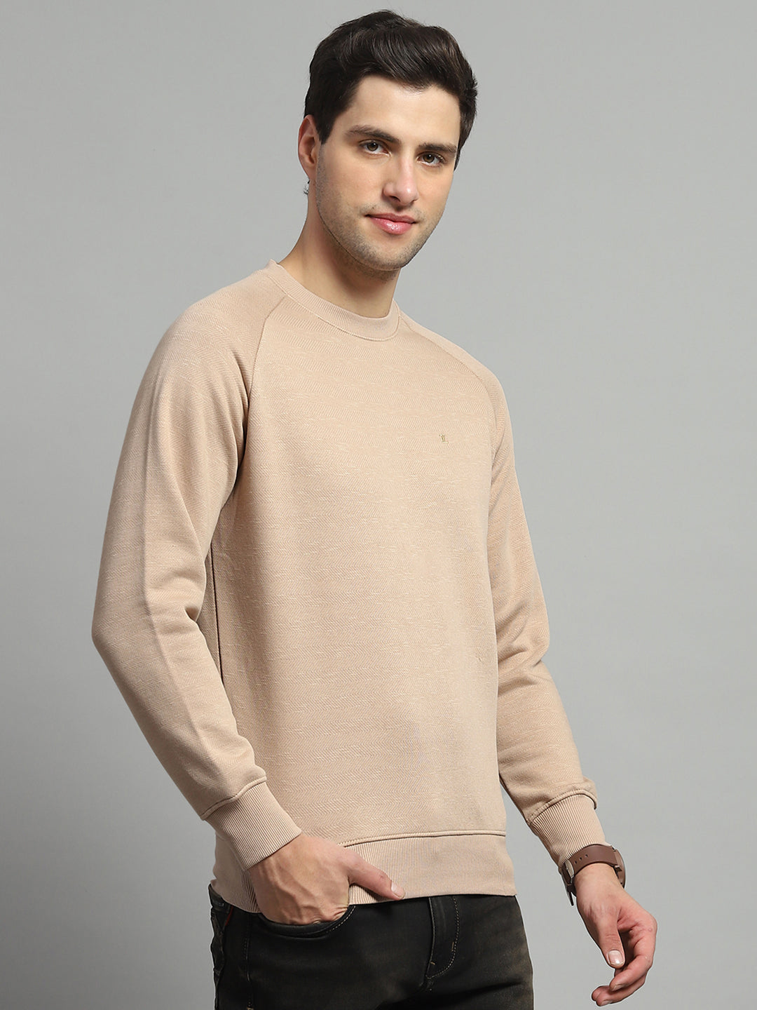 Men Camel Brown Solid Round Neck Full Sleeve Sweatshirt