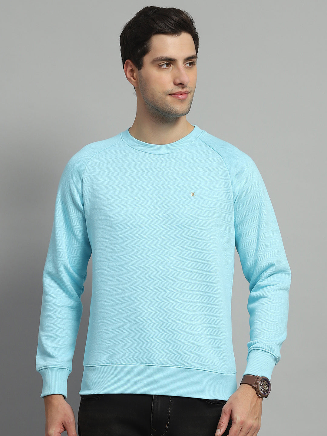 Men Turquoise Blue Solid Round Neck Full Sleeve Sweatshirt