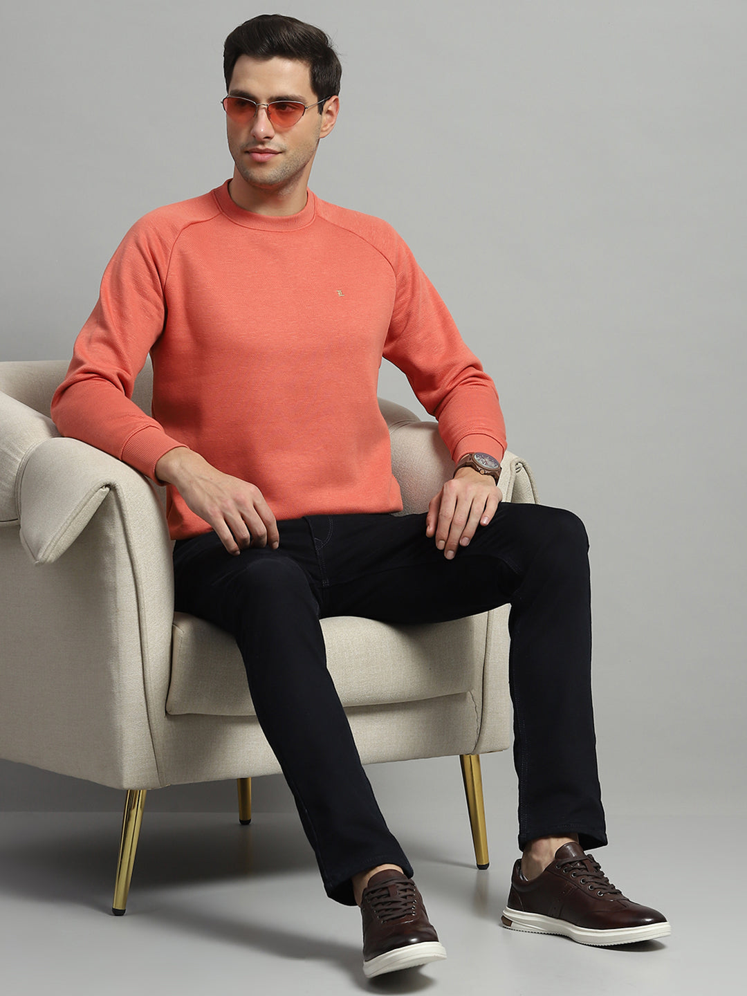 Men Orange Solid Round Neck Full Sleeve Sweatshirt