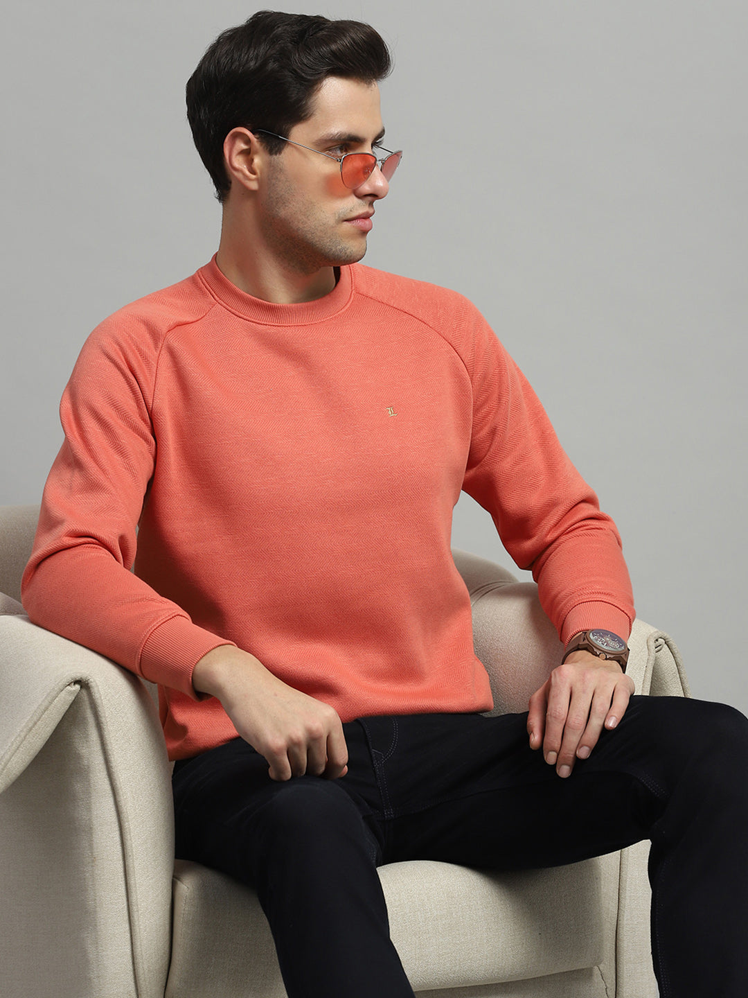 Men Orange Solid Round Neck Full Sleeve Sweatshirt