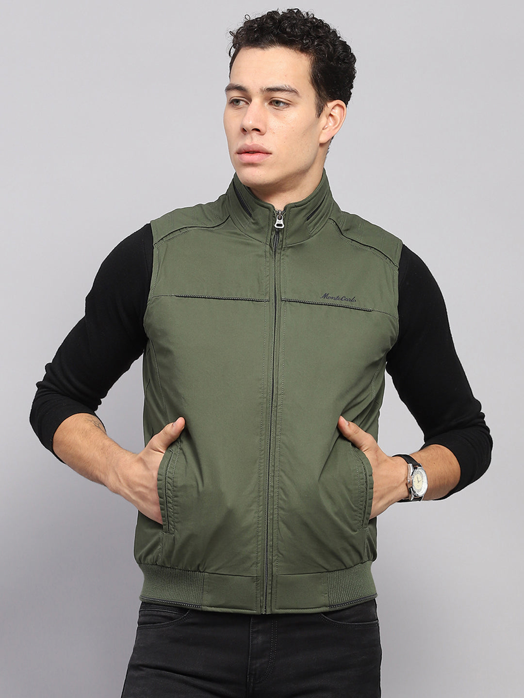 Men Olive Solid Mock Neck Sleeveless Jacket