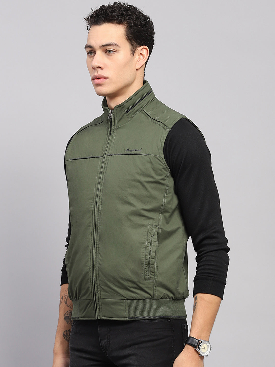 Men Olive Solid Mock Neck Sleeveless Jacket