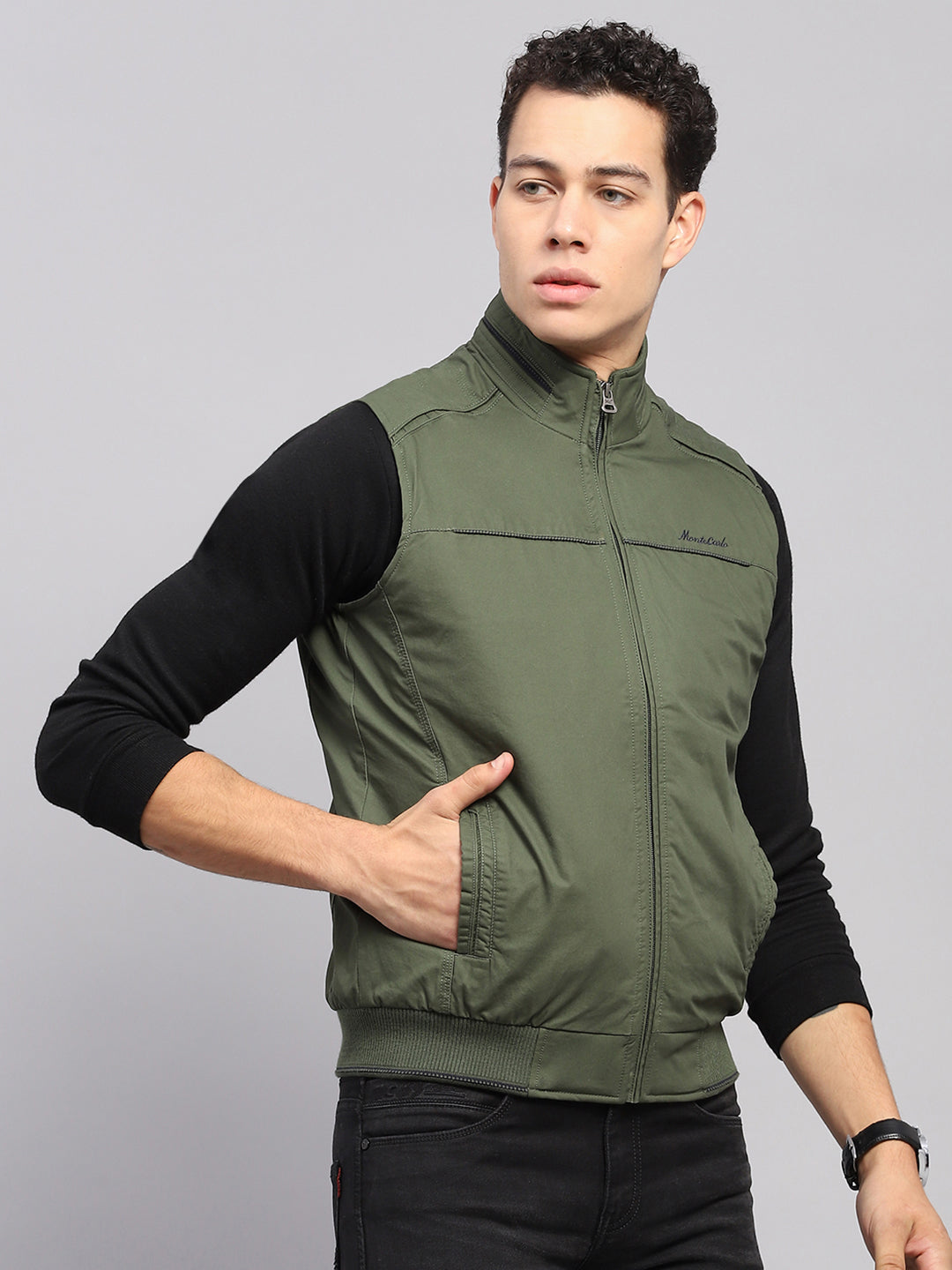 Men Olive Solid Mock Neck Sleeveless Jacket