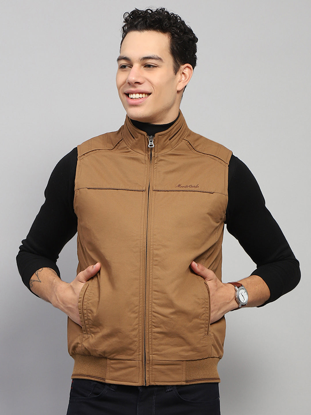 Men Brown Solid Mock Neck Sleeveless Jacket