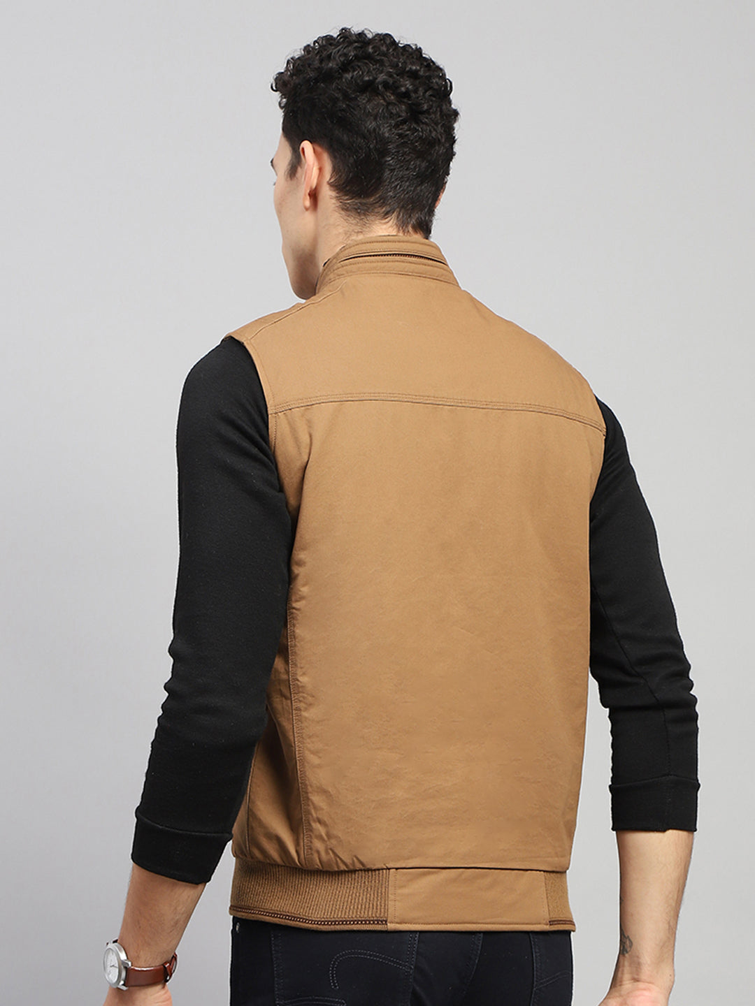 Men Brown Solid Mock Neck Sleeveless Jacket