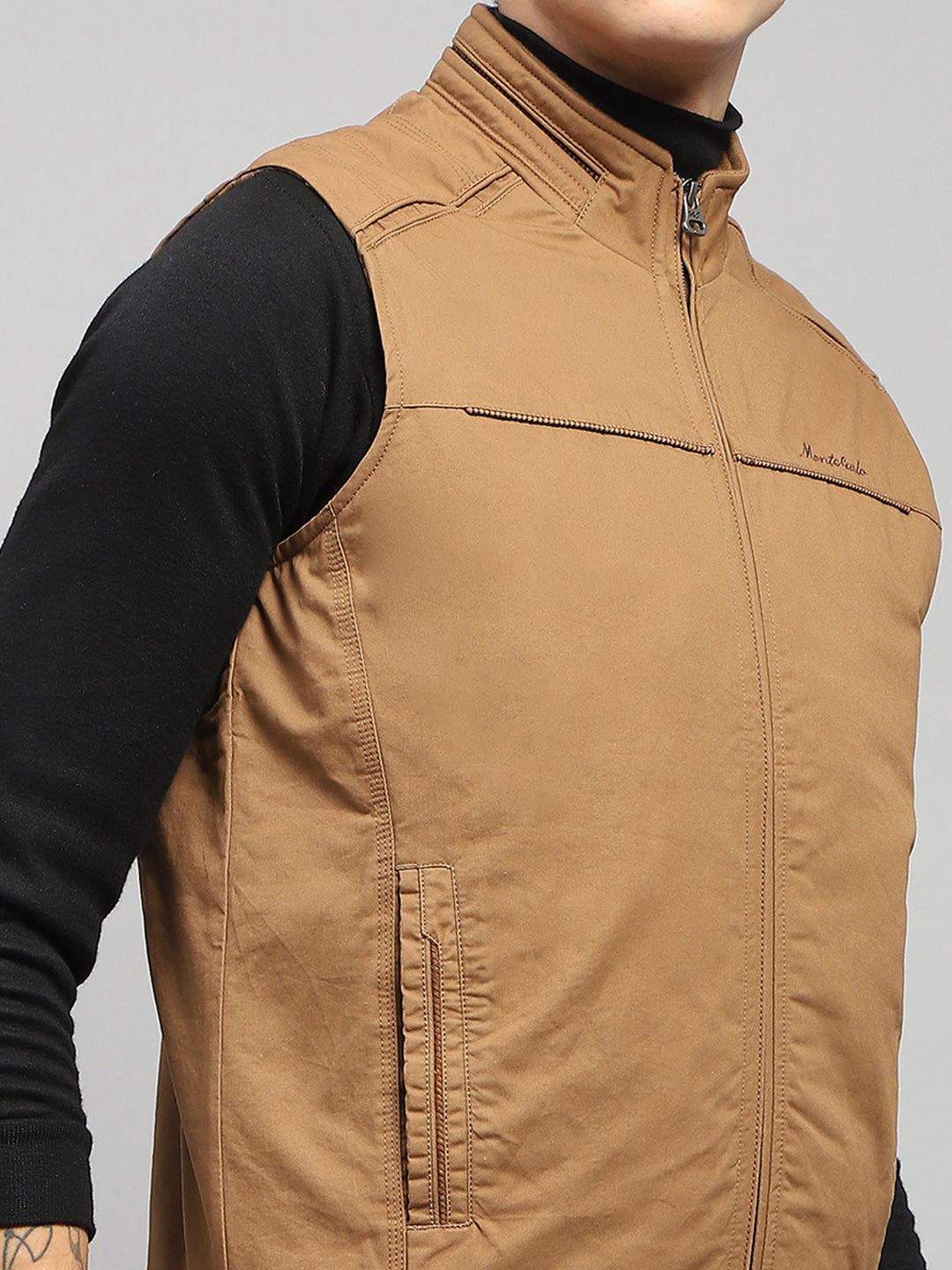 Men Brown Solid Mock Neck Sleeveless Jacket