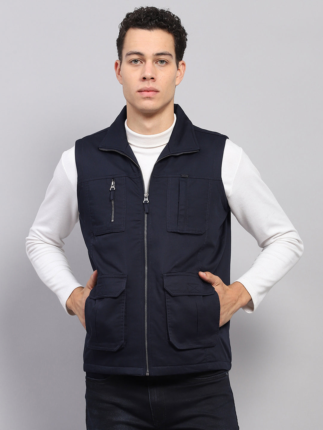 Men Navy Blue Solid Mock Neck Sleeveless Jacket