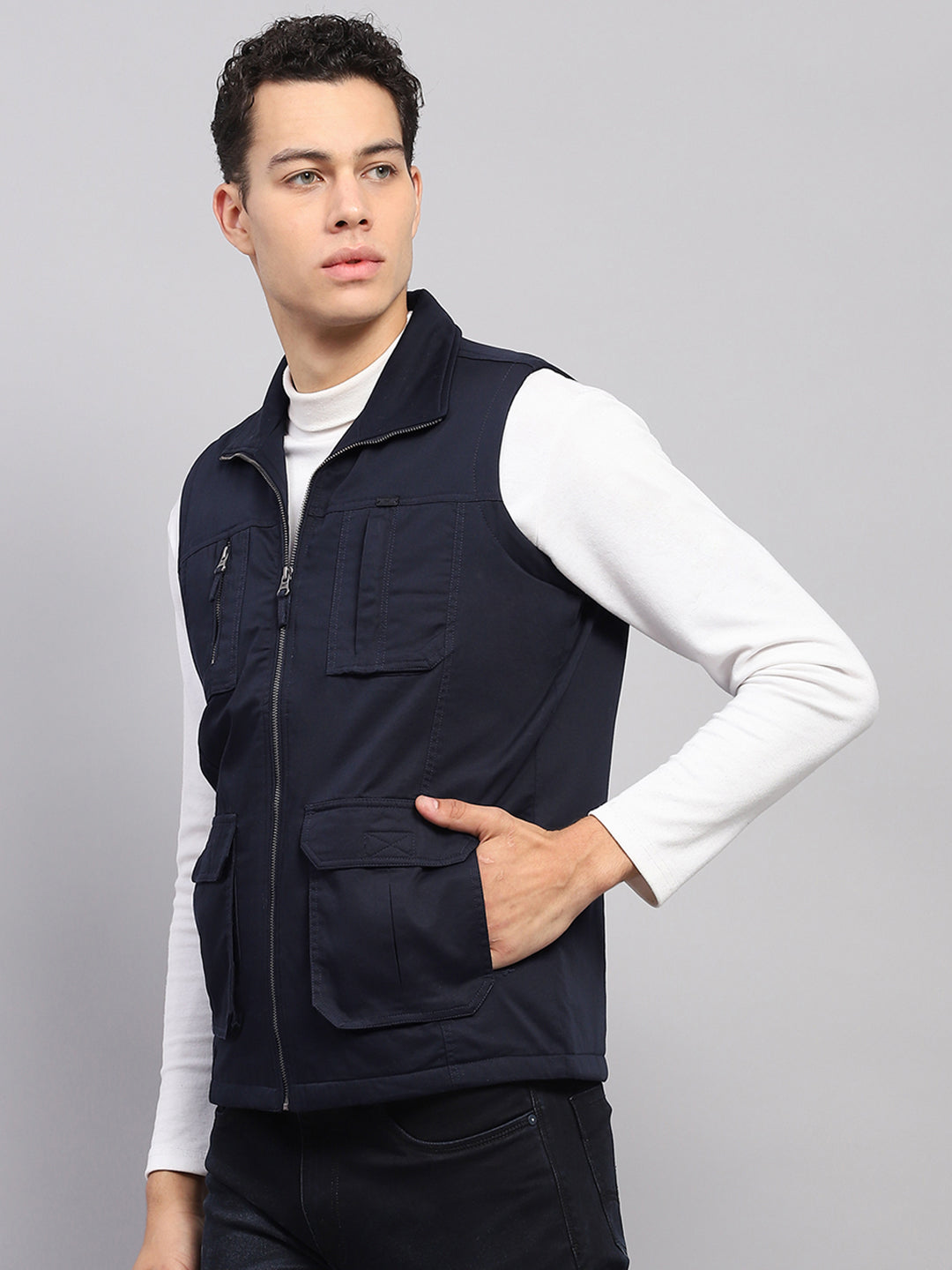 Men Navy Blue Solid Mock Neck Sleeveless Jacket