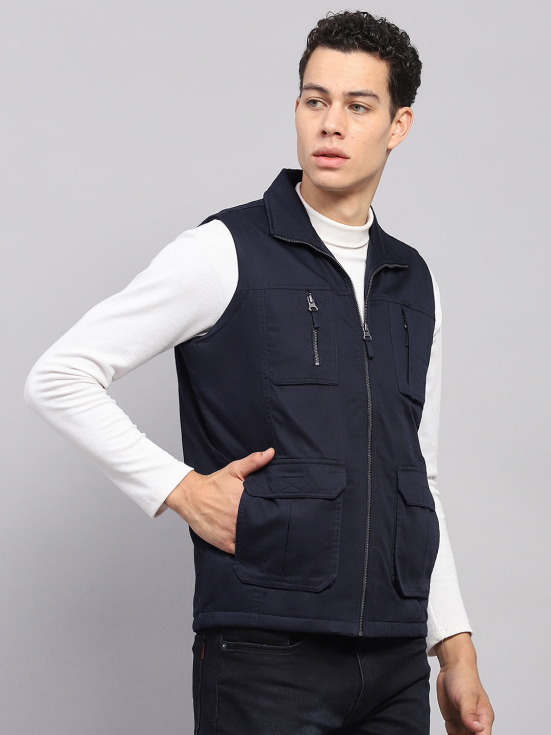 Men Navy Blue Solid Mock Neck Sleeveless Jacket