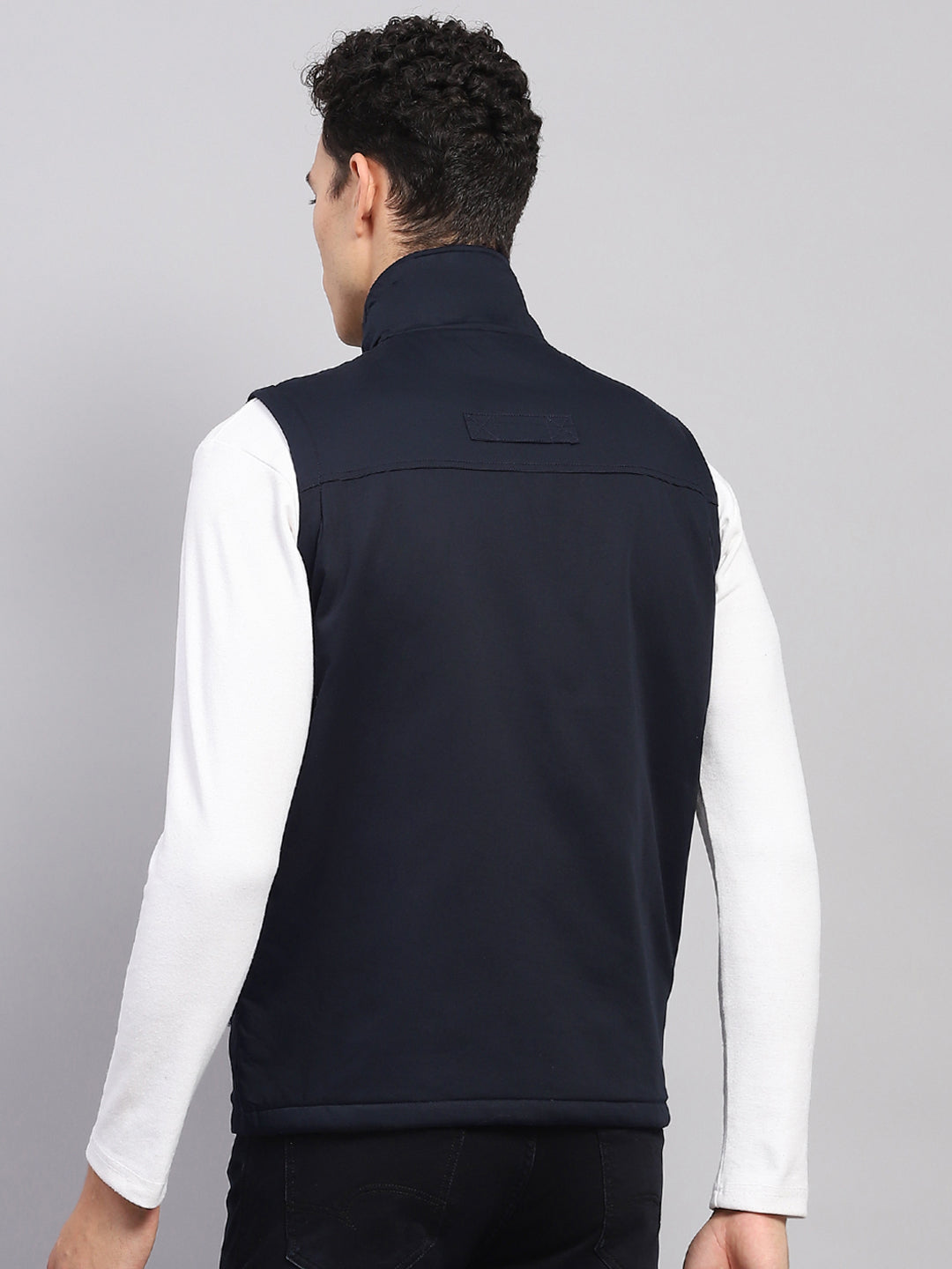 Men Navy Blue Solid Mock Neck Sleeveless Jacket