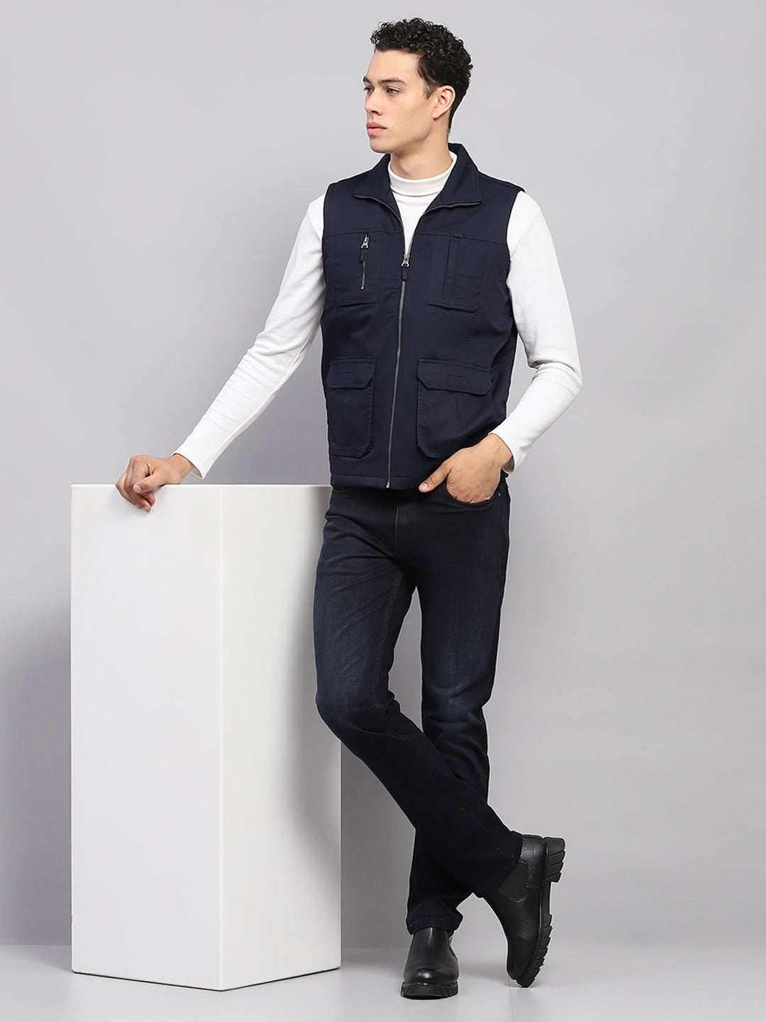 Men Navy Blue Solid Mock Neck Sleeveless Jacket