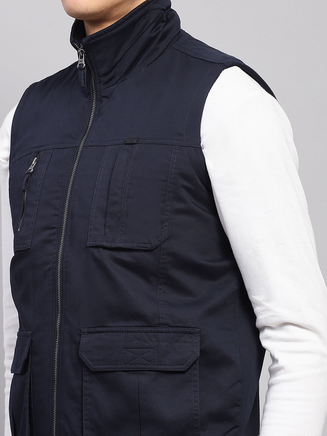 Men Navy Blue Solid Mock Neck Sleeveless Jacket