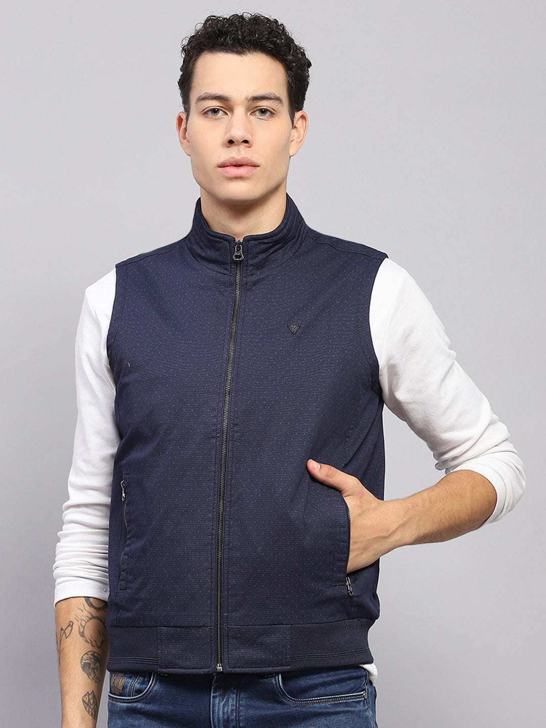 Men Navy Blue Solid Mock Neck Sleeveless Jacket