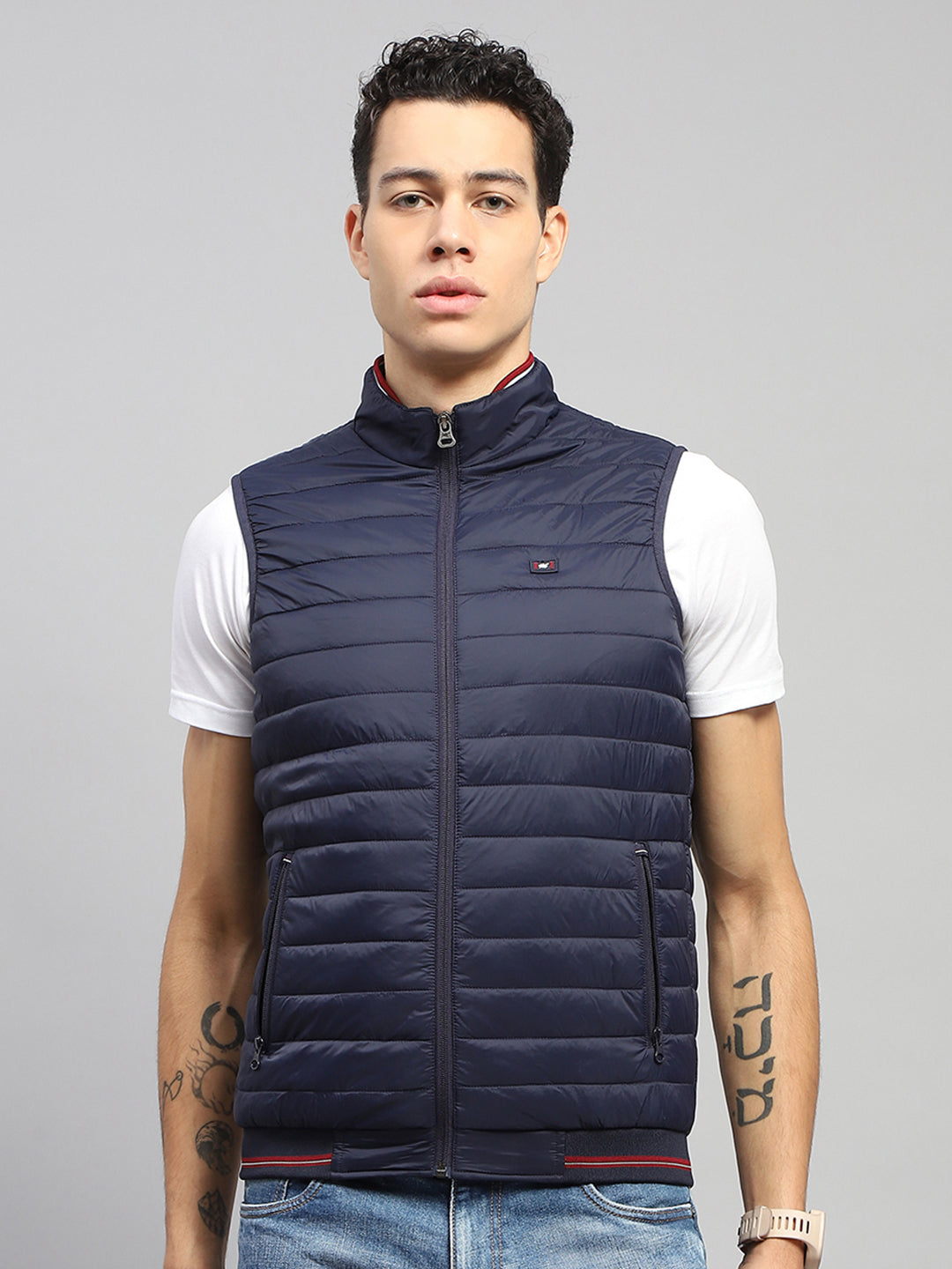 Men Navy Blue Solid Mock Neck Sleeveless Jacket