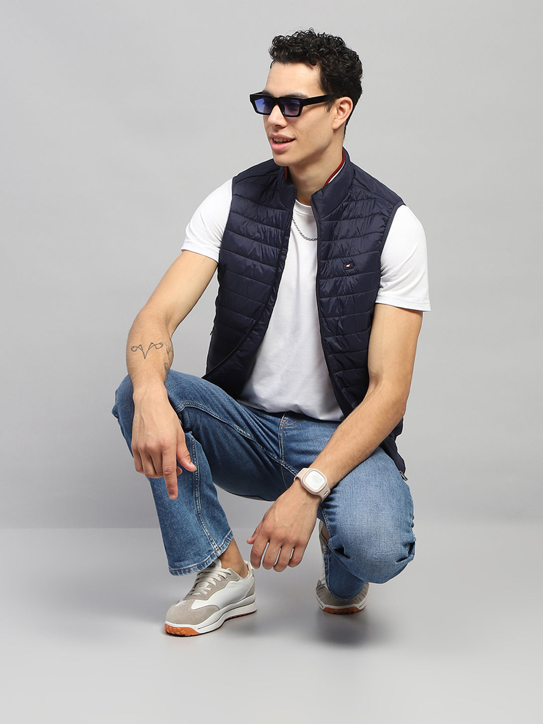 Men Navy Blue Solid Mock Neck Sleeveless Jacket