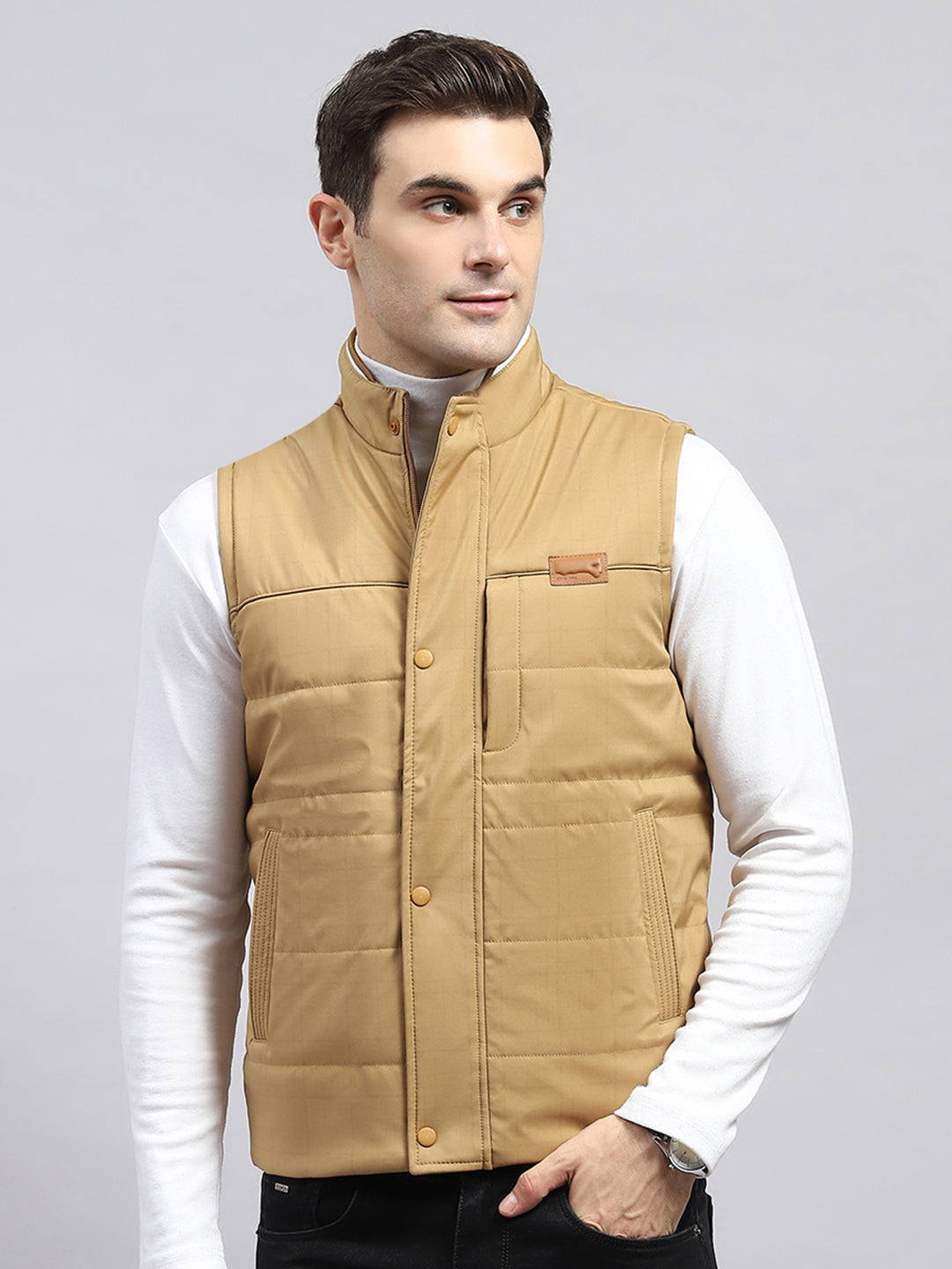 Men Khaki Solid Mock Neck Sleeveless Jacket