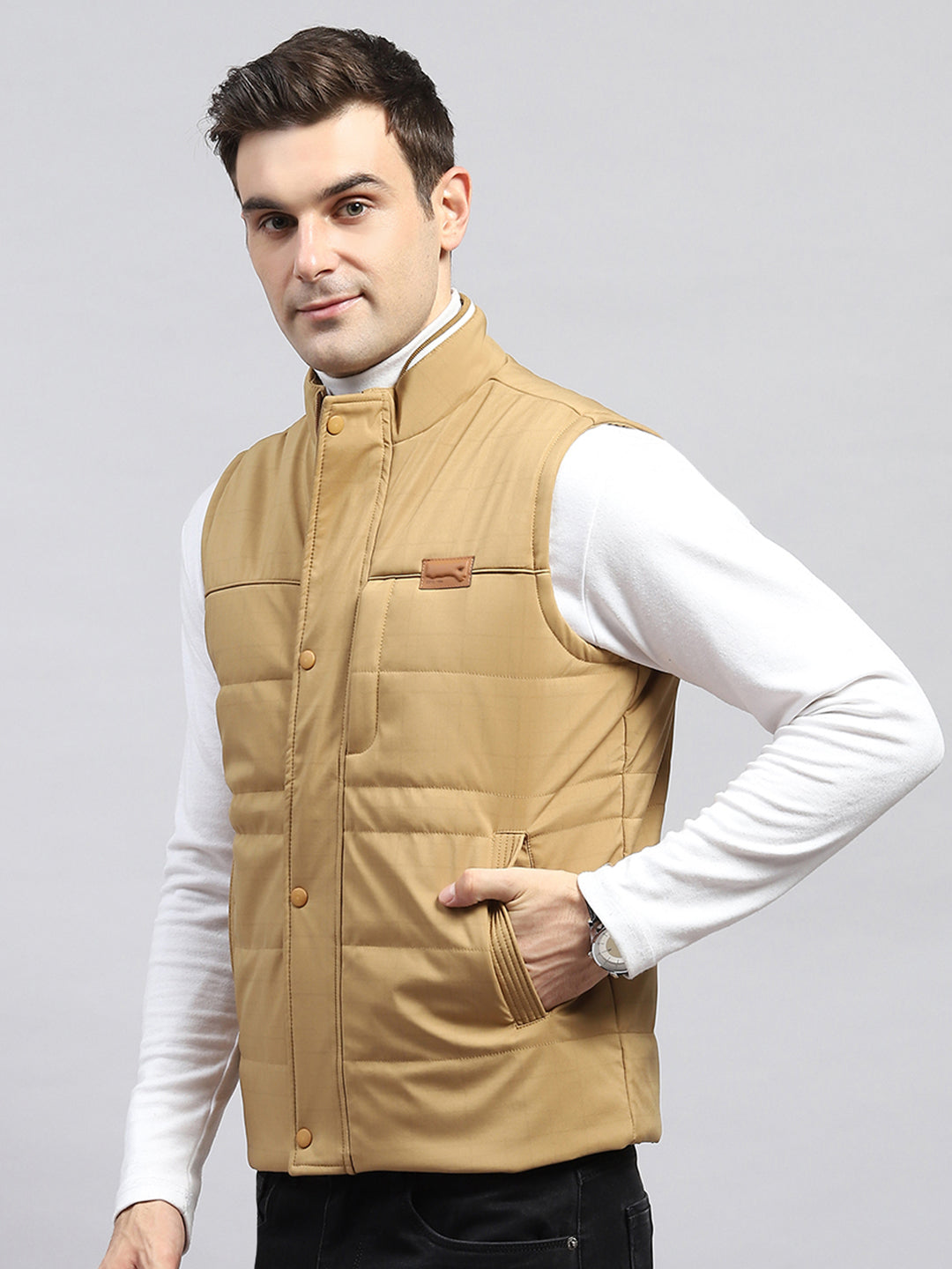 Men Khaki Solid Mock Neck Sleeveless Jacket